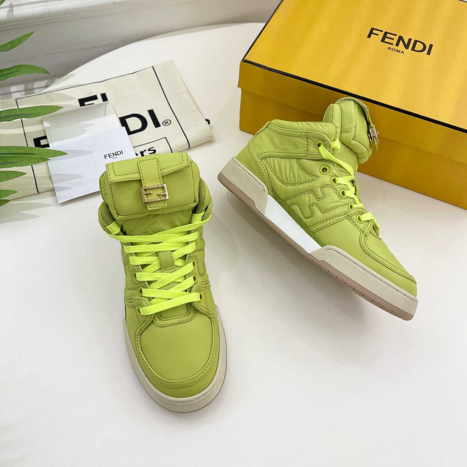 Fendi Match Acid Green Nylon High-Tops Sneaker - 