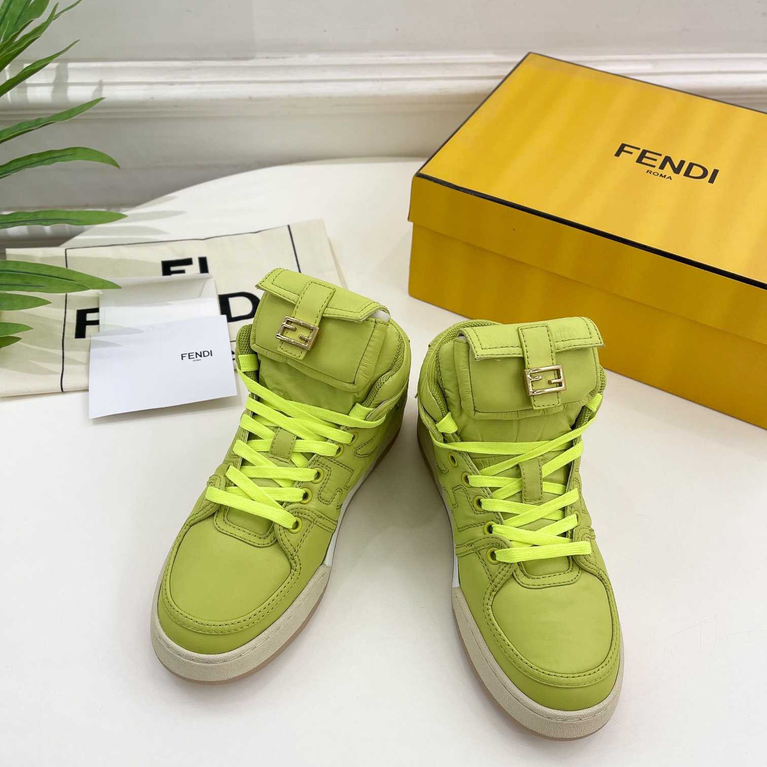 Fendi Match Acid Green Nylon High-Tops Sneaker - 