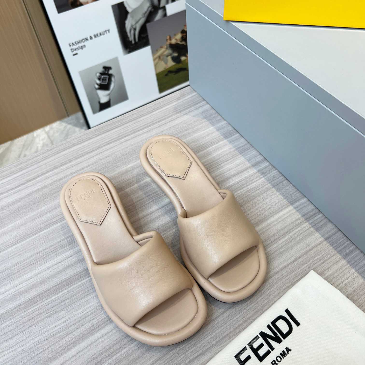 Fendi Baguette Beige Nappa Leather Slides - 