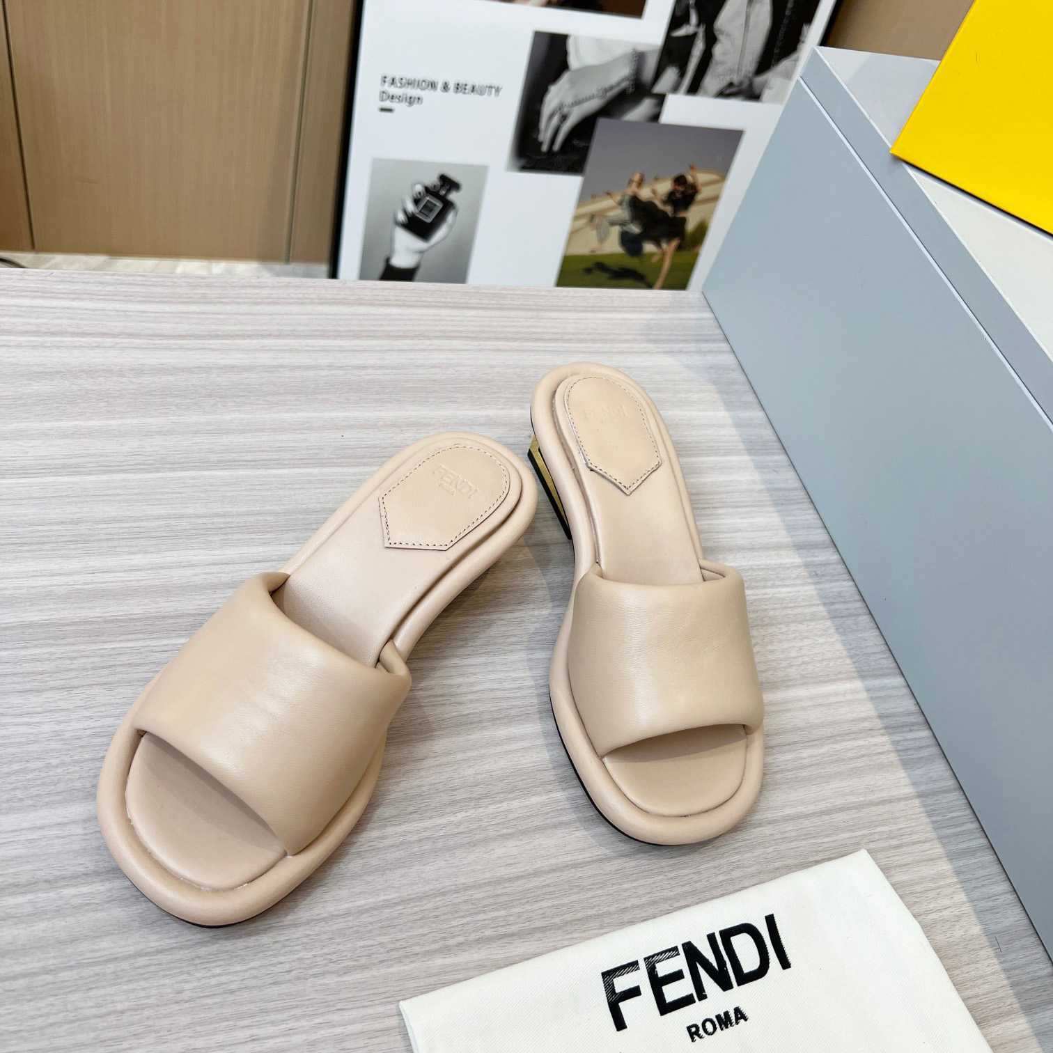 Fendi Baguette Beige Nappa Leather Slides - 