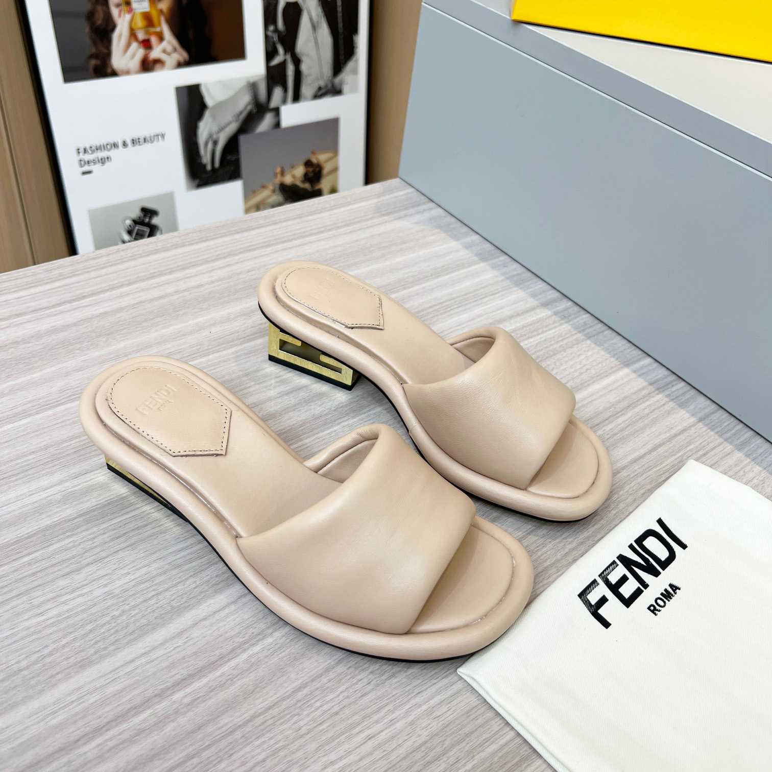 Fendi Baguette Beige Nappa Leather Slides - 