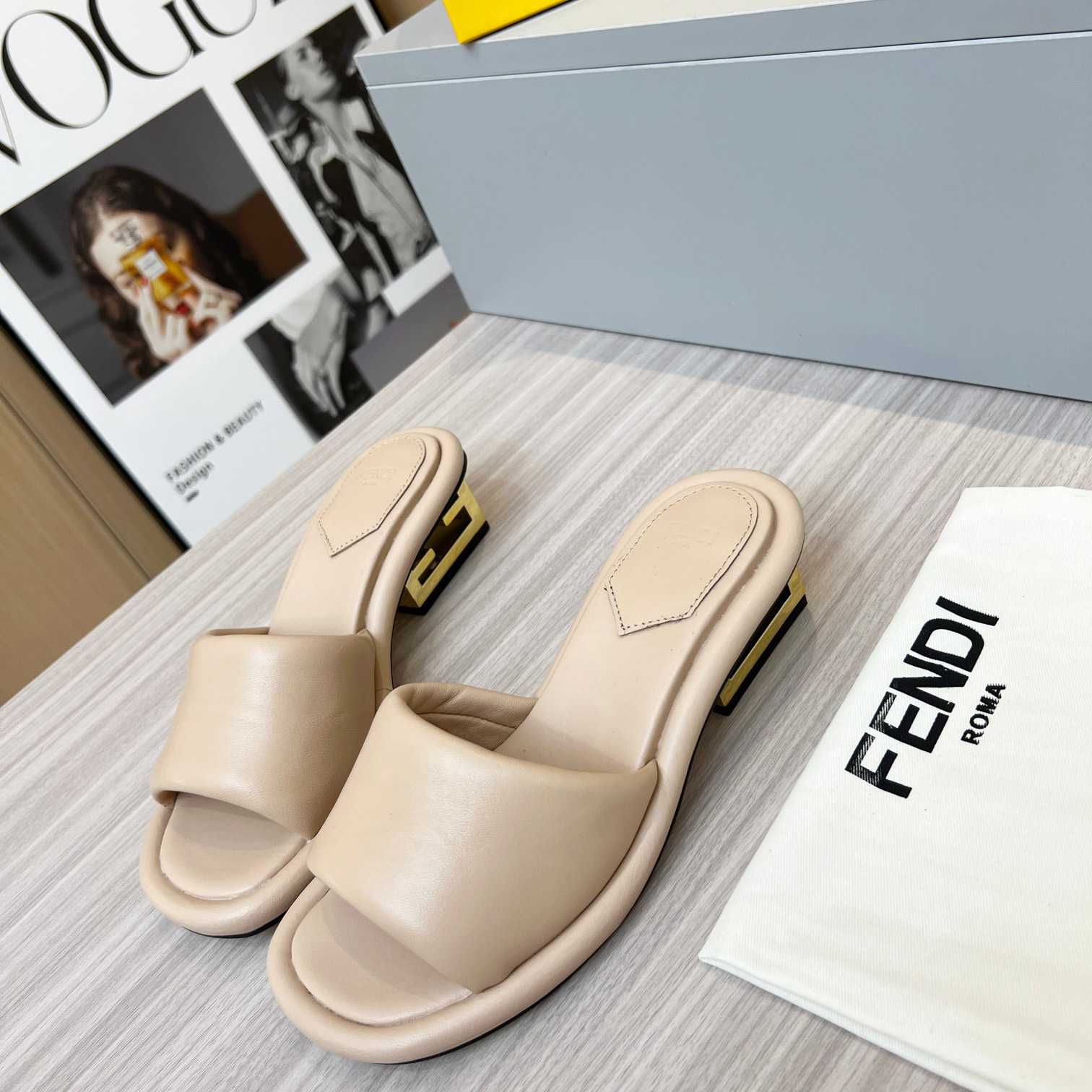 Fendi Baguette Beige Nappa Leather Slides - 