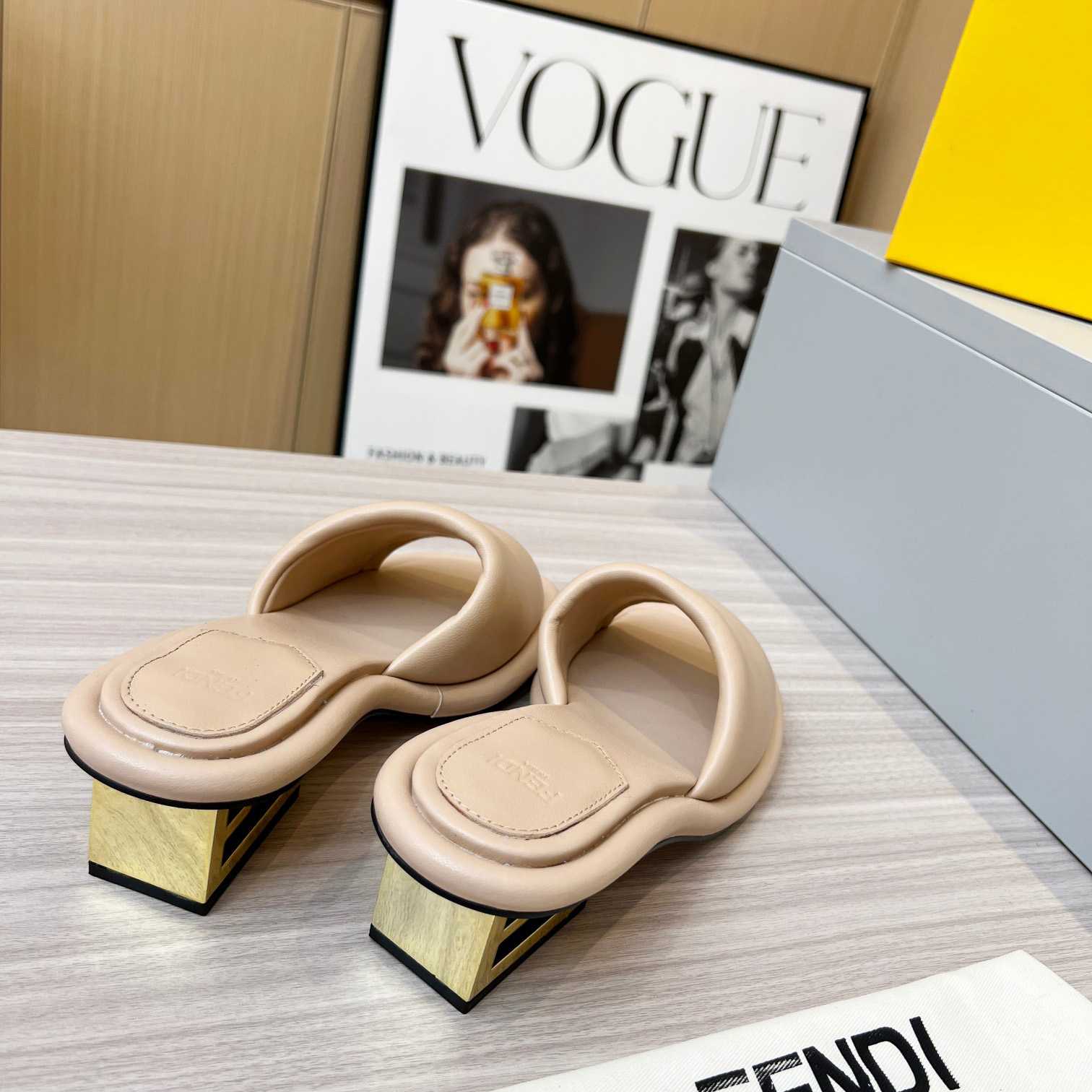Fendi Baguette Beige Nappa Leather Slides - 