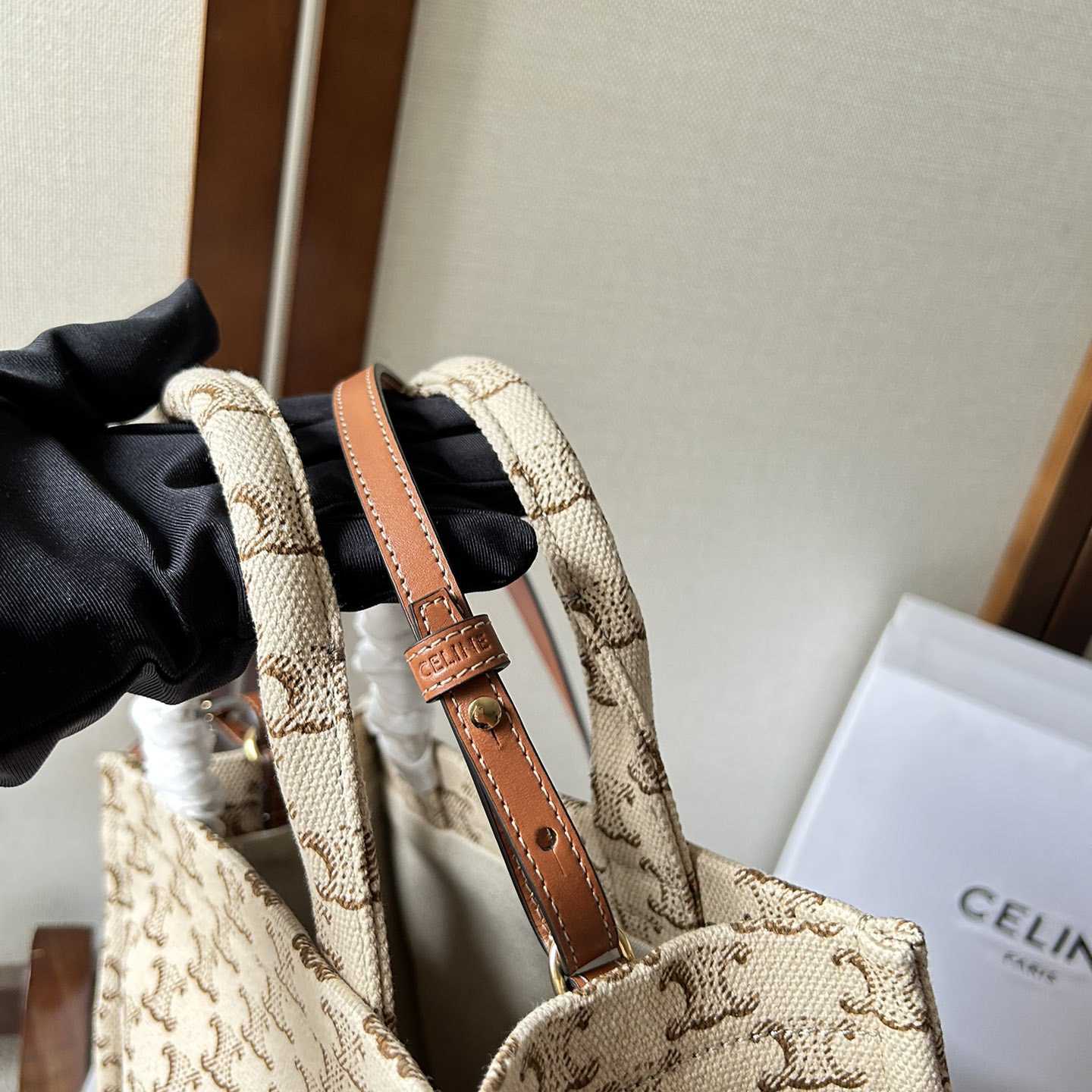 Celine Small Cabas Thais  In Textile With Triomphe Canvas Print And Calfskin White - 