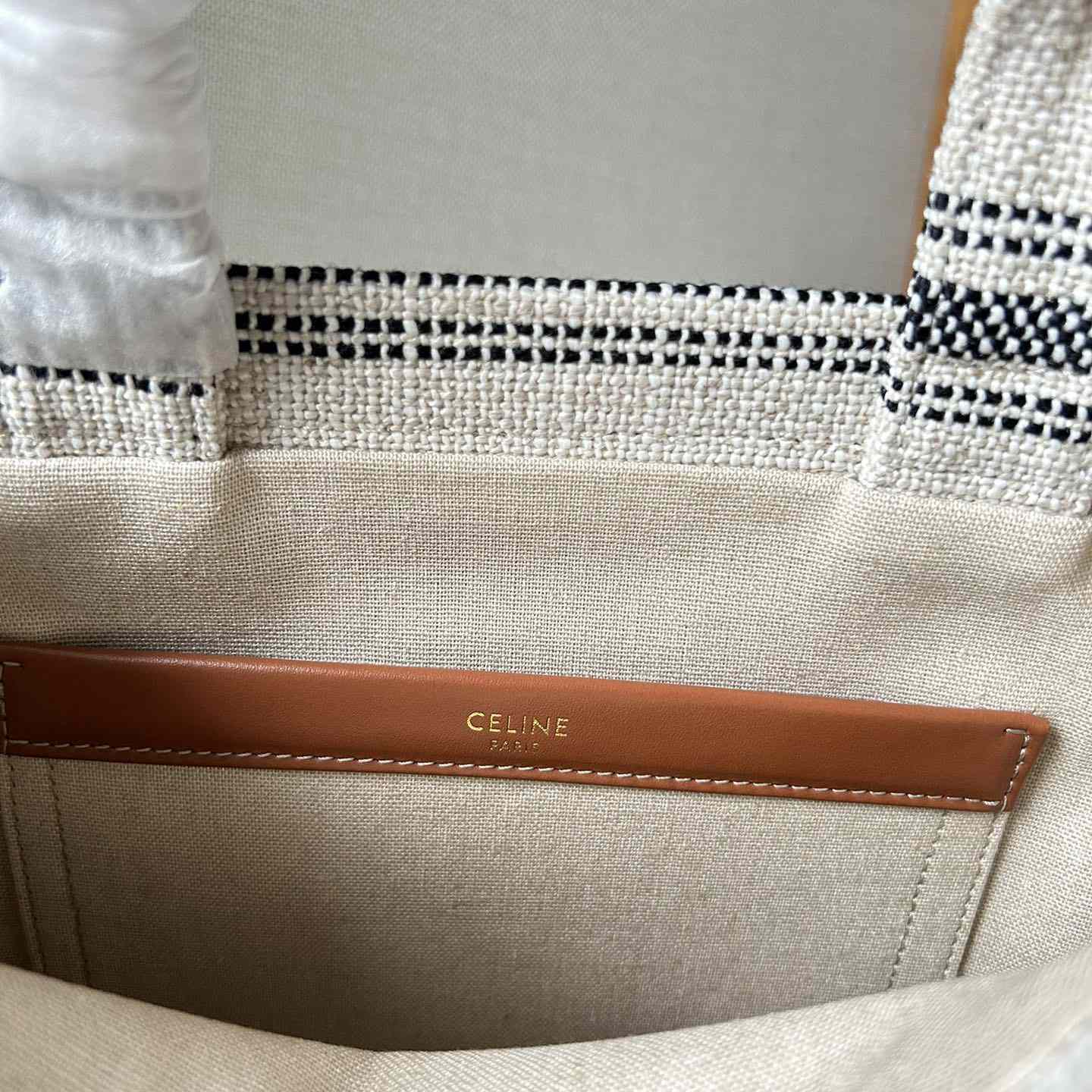Celine Small Cabas Thais In Striped Textile With Celine jacquard White / Black  - 