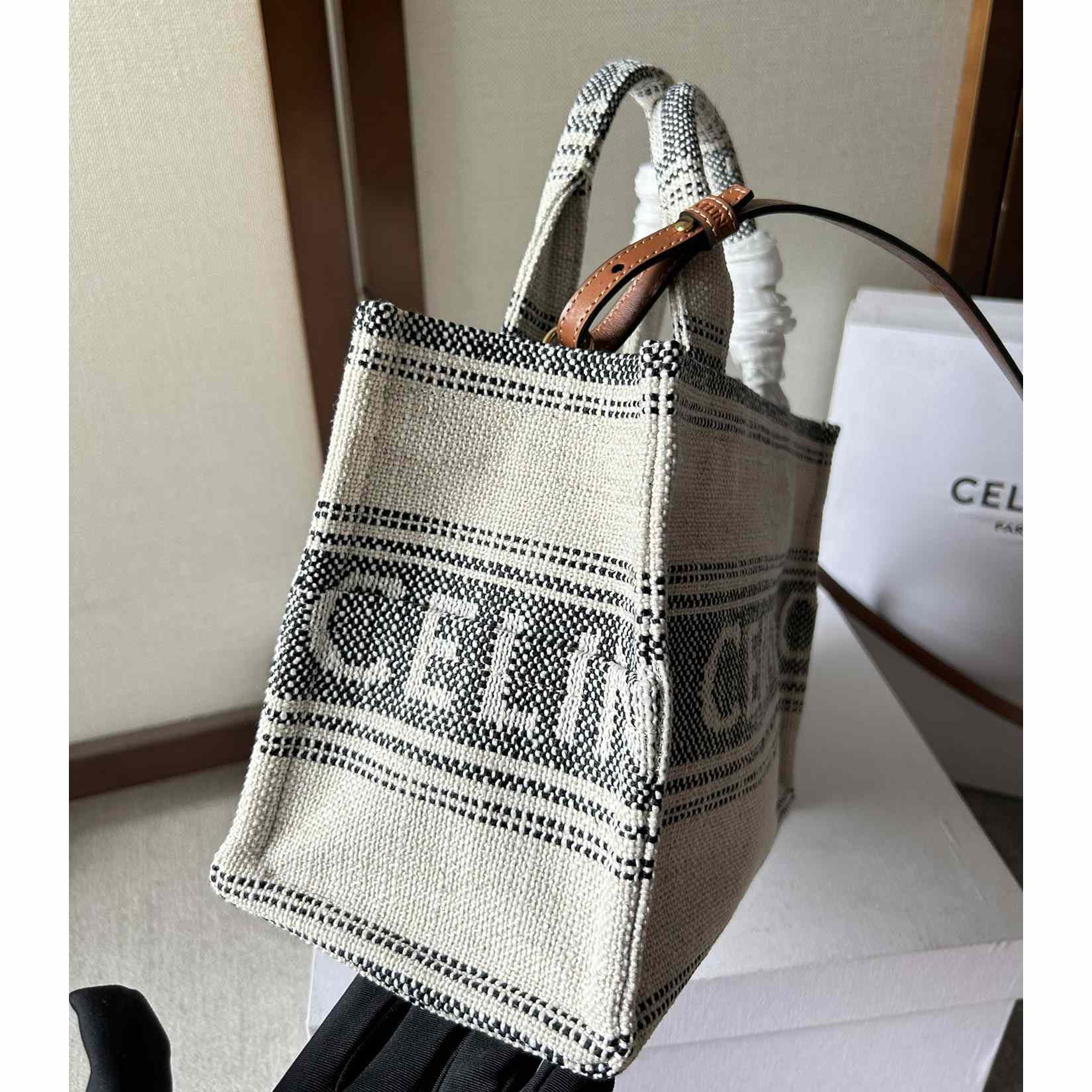 Celine Small Cabas Thais In Striped Textile With Celine jacquard White / Black  - 
