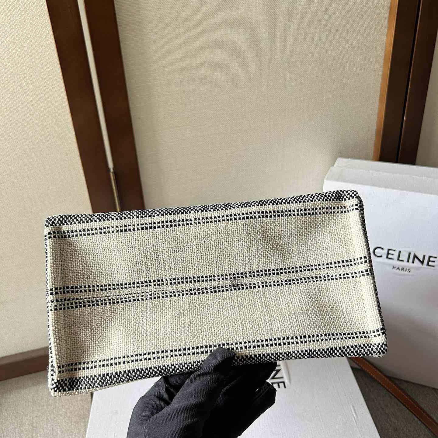 Celine Small Cabas Thais In Striped Textile With Celine jacquard White / Black  - 