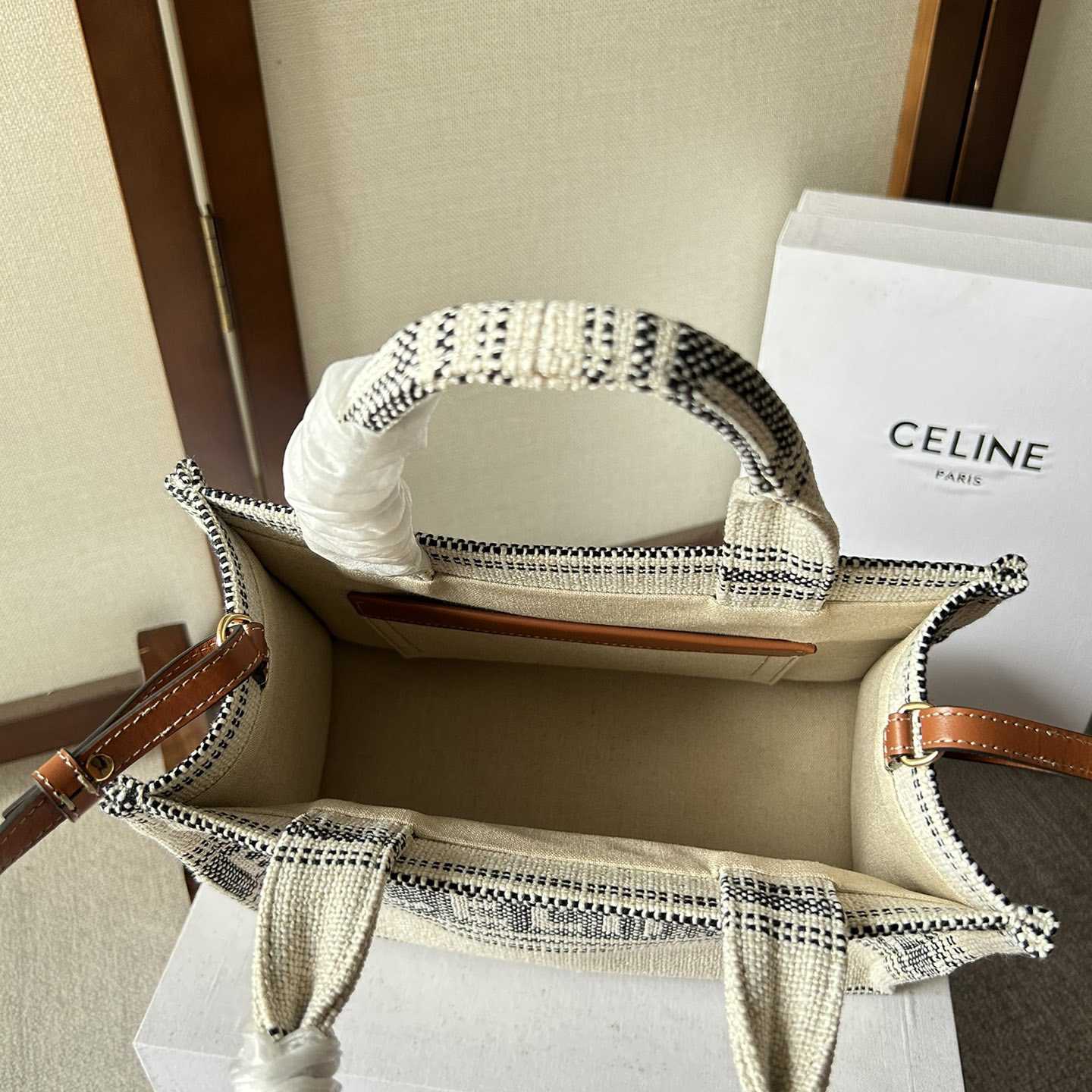 Celine Small Cabas Thais In Striped Textile With Celine jacquard White / Black  - 