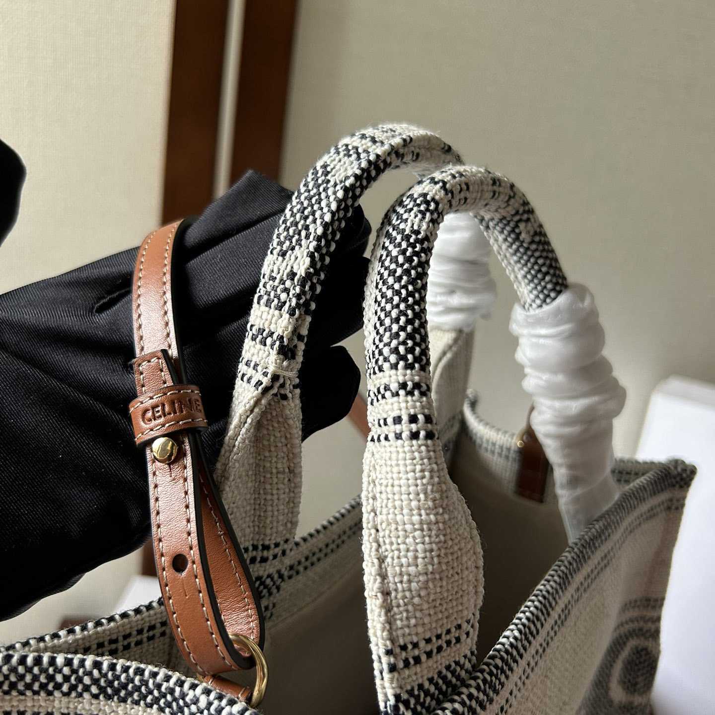 Celine Small Cabas Thais In Striped Textile With Celine jacquard White / Black  - 