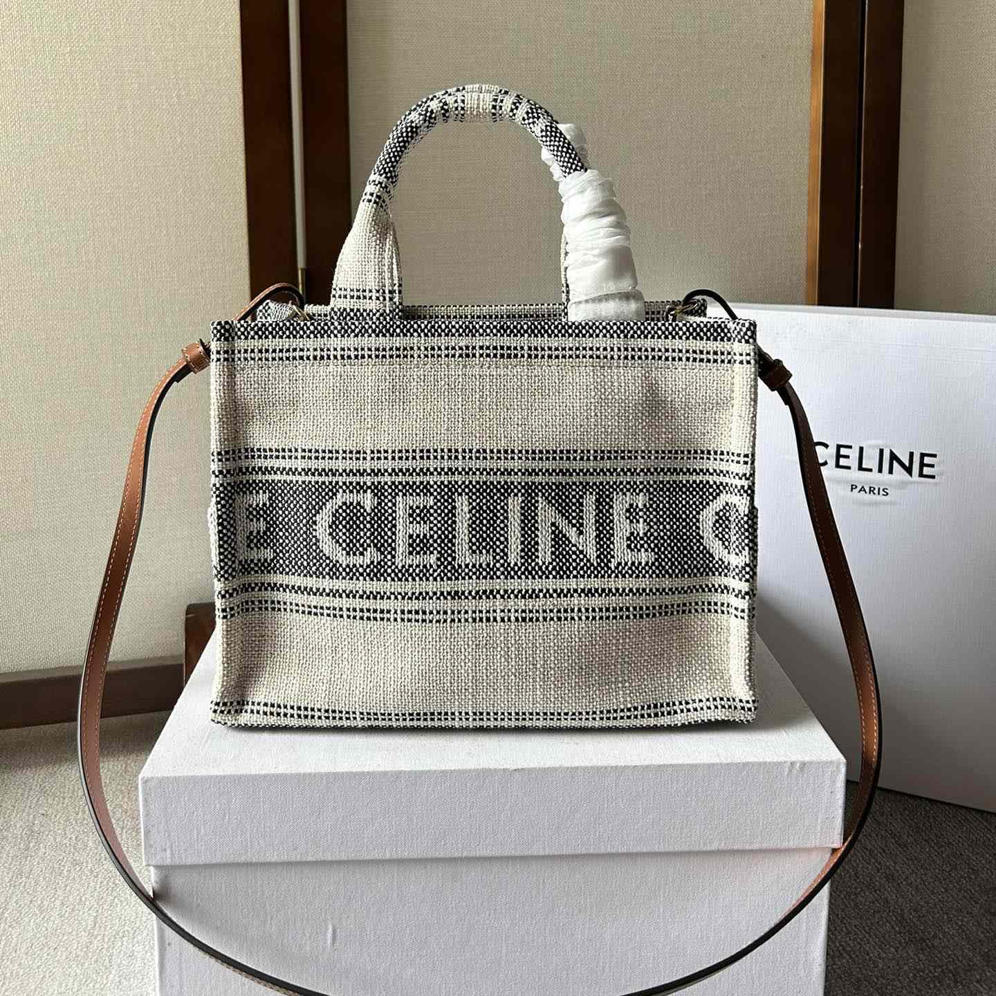 Celine Small Cabas Thais In Striped Textile With Celine jacquard White / Black  - 