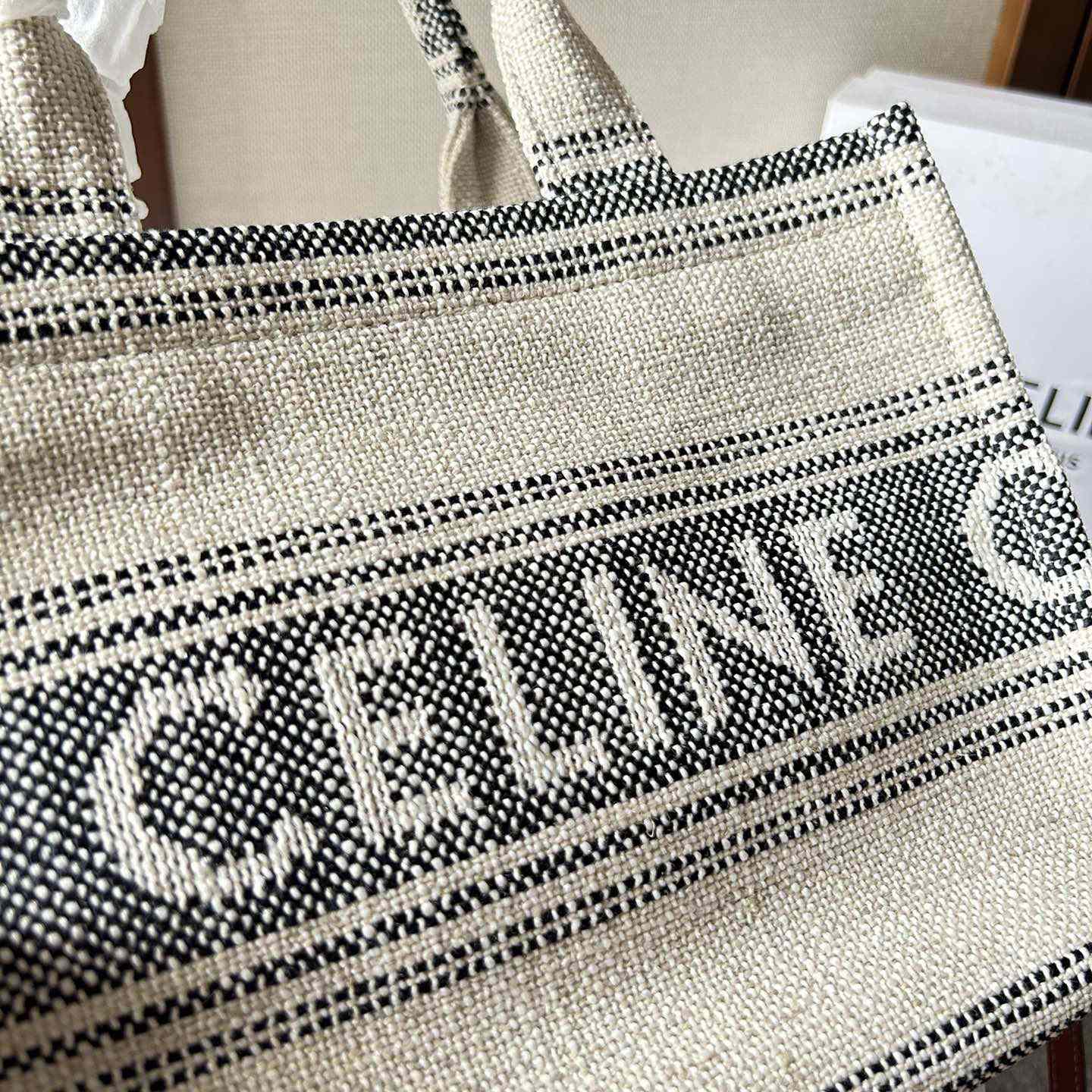 Celine Small Cabas Thais In Striped Textile With Celine jacquard White / Black  - 