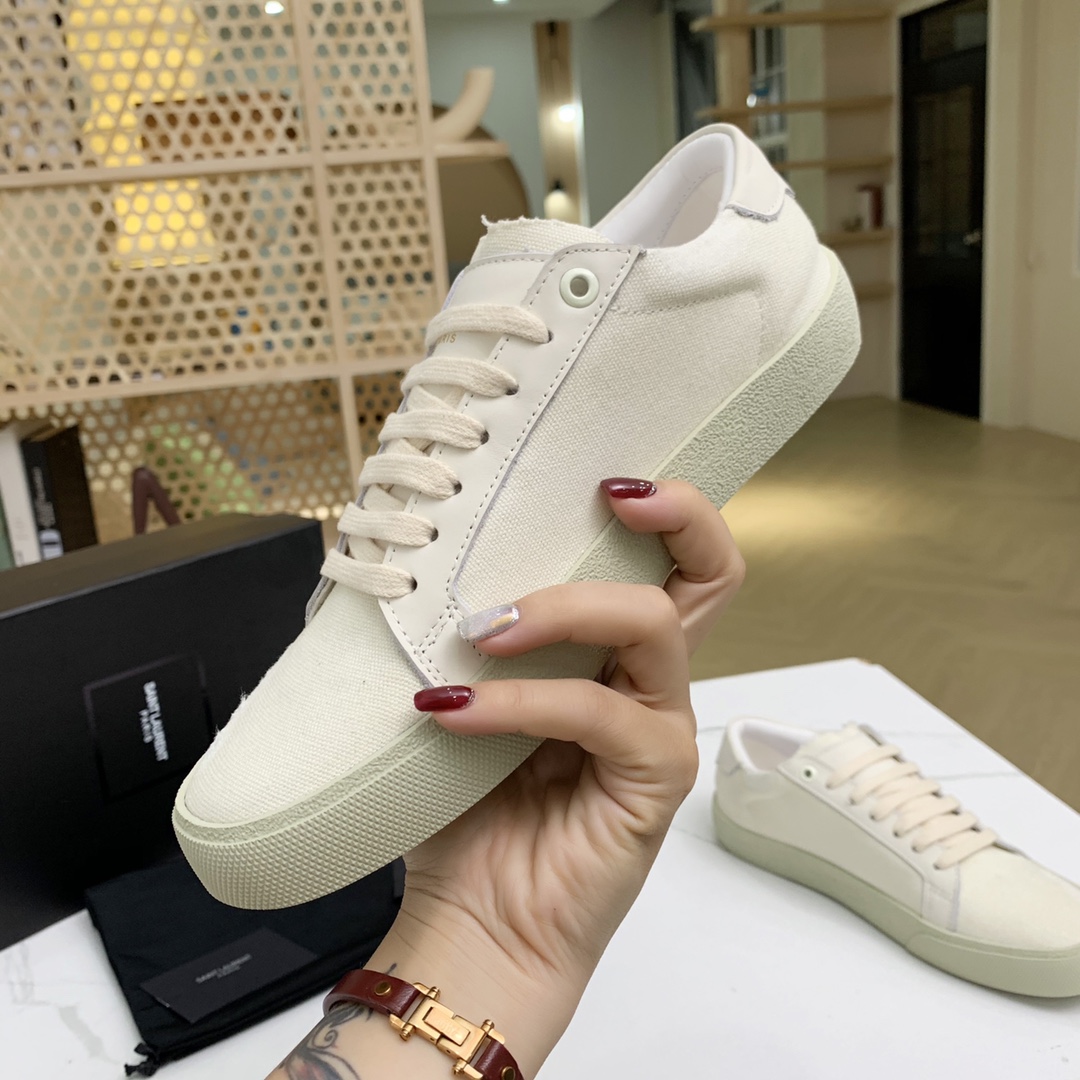 Saint Laurent Court Classic Sl/06 Sneakers Embroidered With Saint Laurent,In White Worn-look Fabric And Leather - 