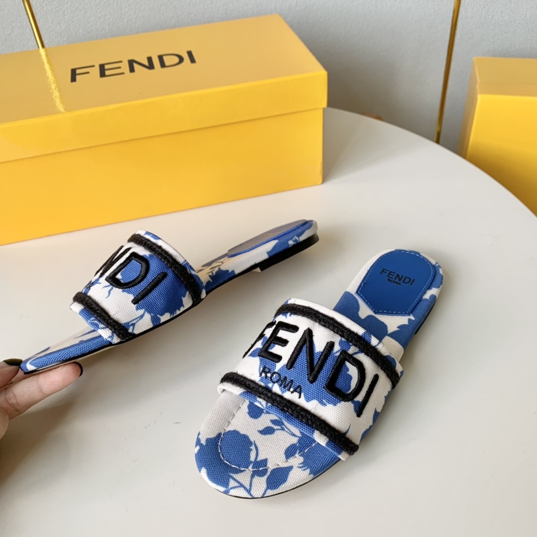 Fendi Signature Blue Canvas Slides - 