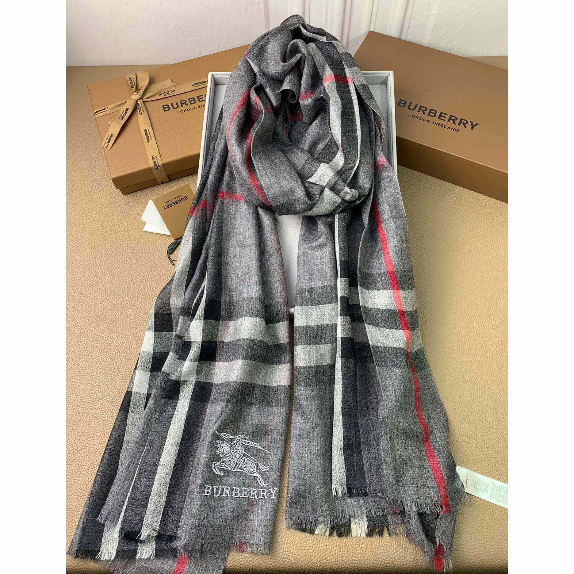 Burberry Lightweight Check Wool Silk Scarf - DesignerGu