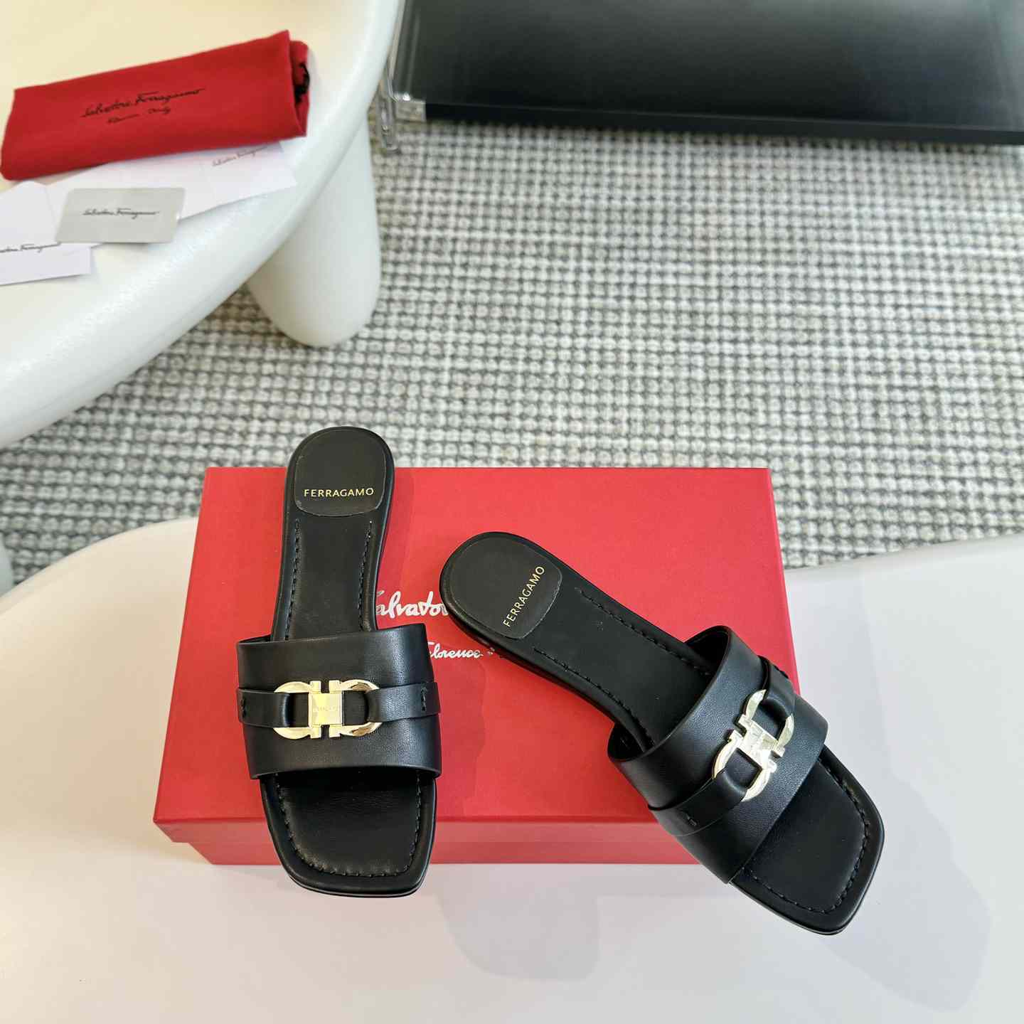 Ferragamo Women's Black Flat Slide With Gancini Ornament - 