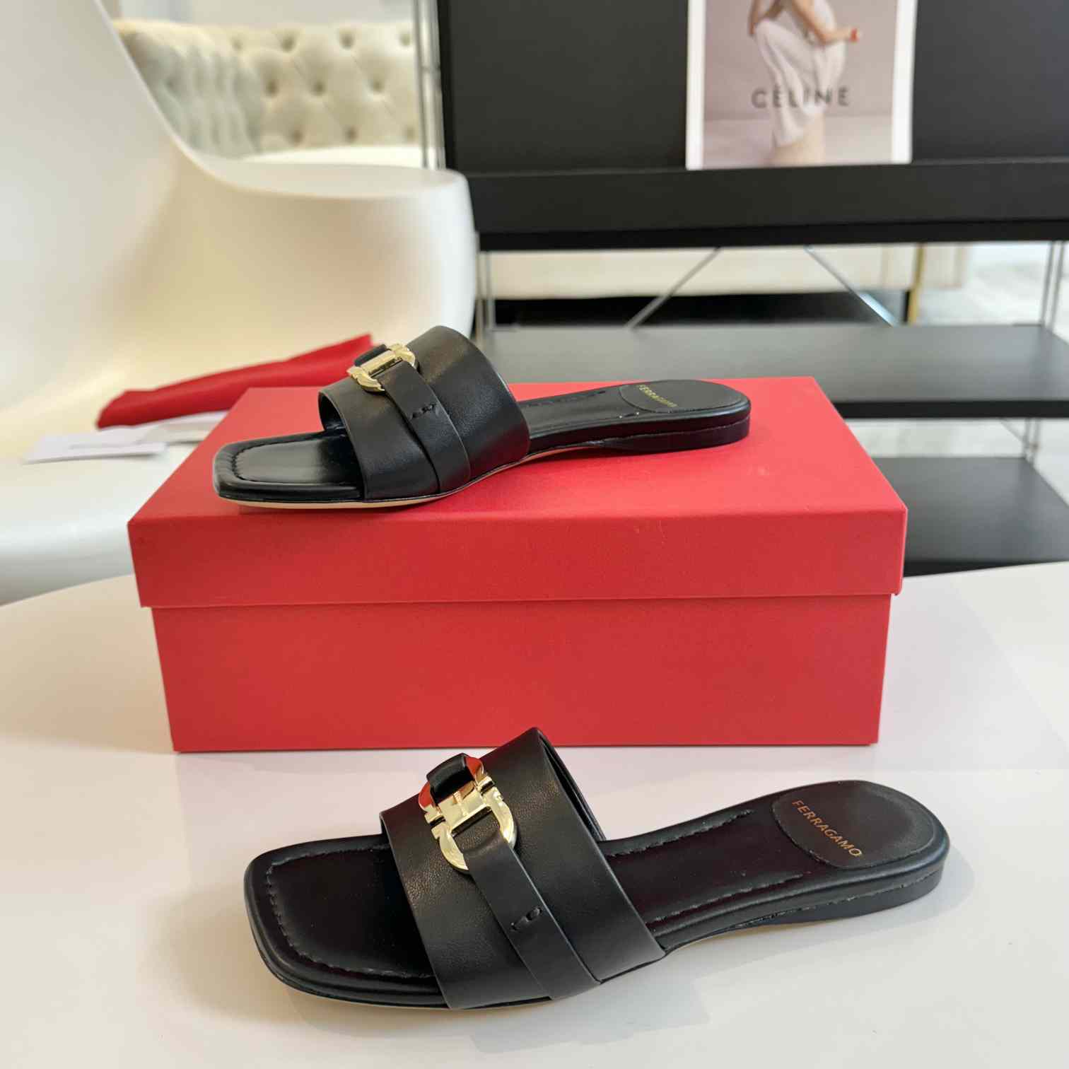 Ferragamo Women's Black Flat Slide With Gancini Ornament - 