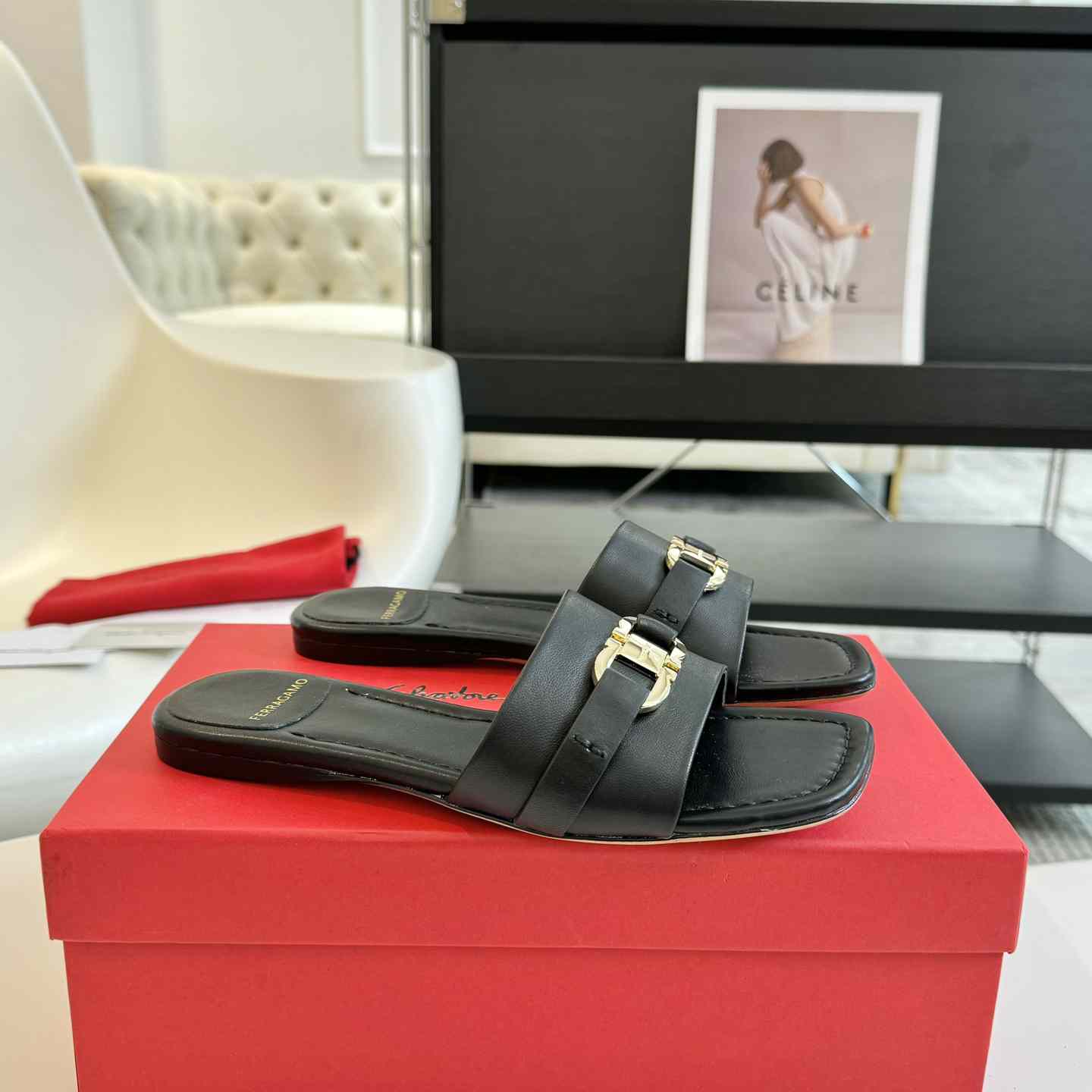 Ferragamo Women's Black Flat Slide With Gancini Ornament - 