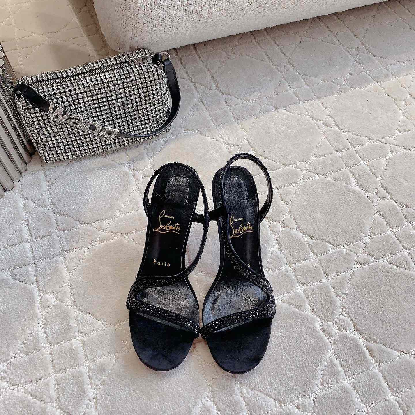 Christian Louboutin Black Suede Crystal Embellished Rosalie Sandals - 