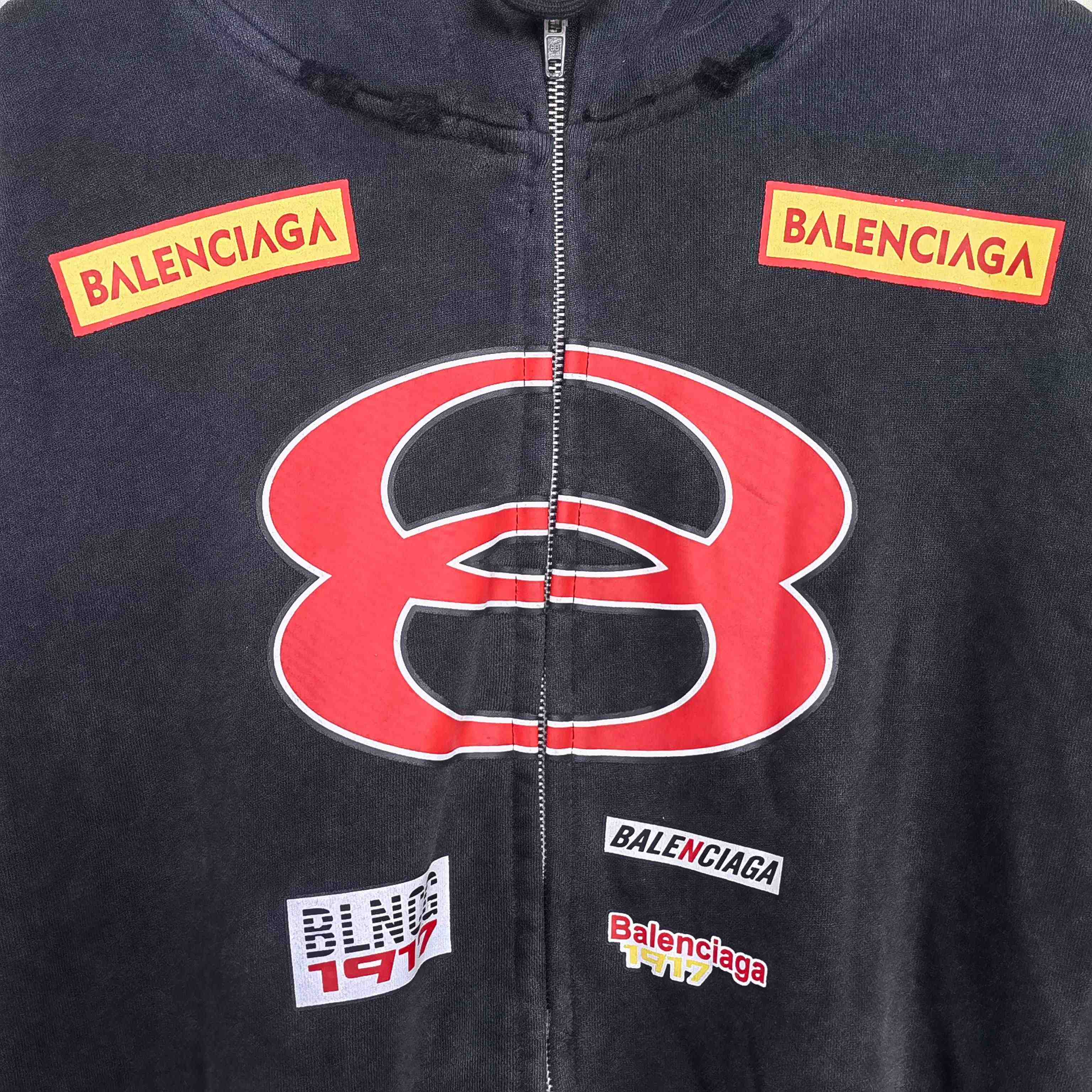 Balenciaga Sponsor Logos Large Zip-Up Hoodie In Faded Washed Black - DesignerGu