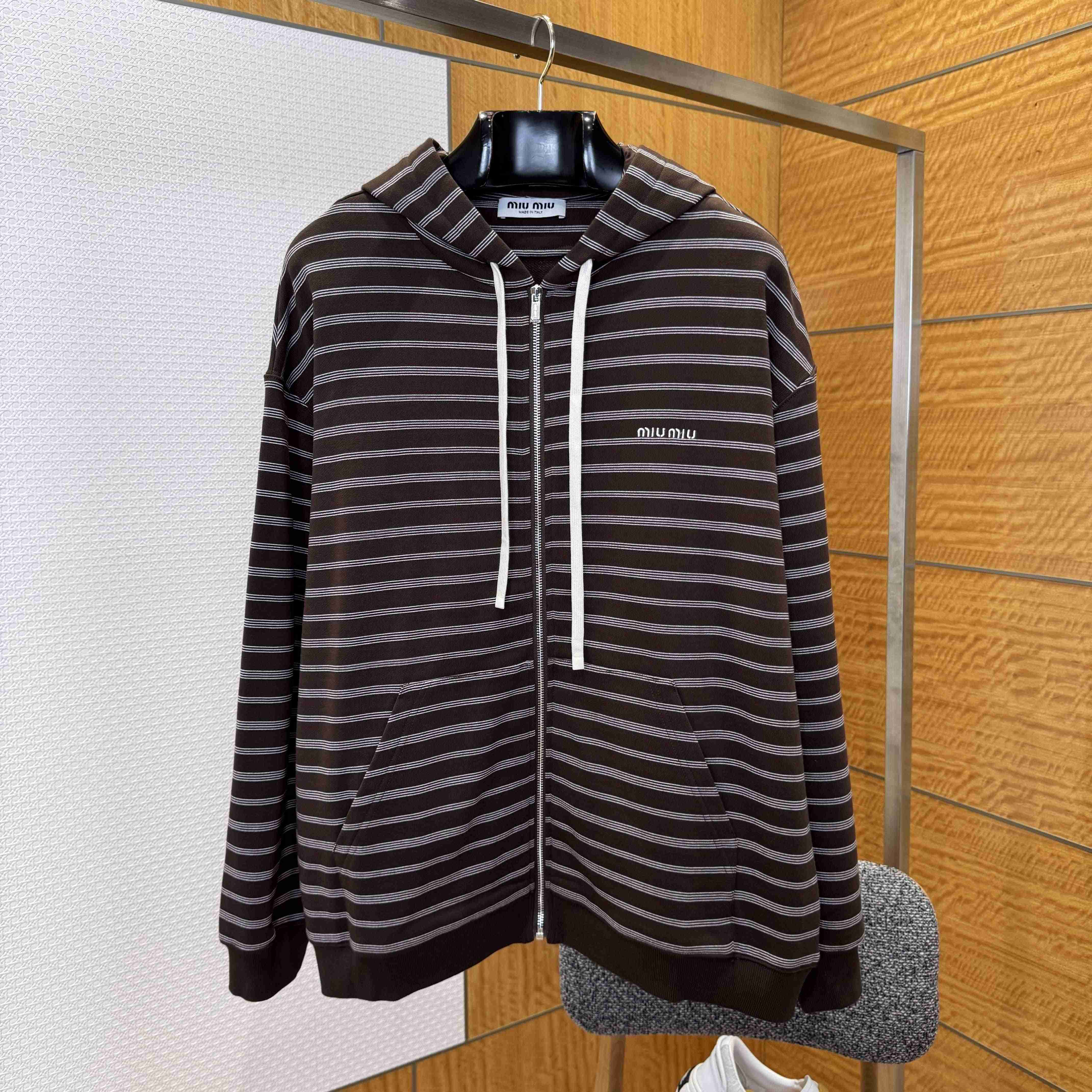 Miu Miu Striped Cotton Fleece Hoodie Jacket - DesignerGu