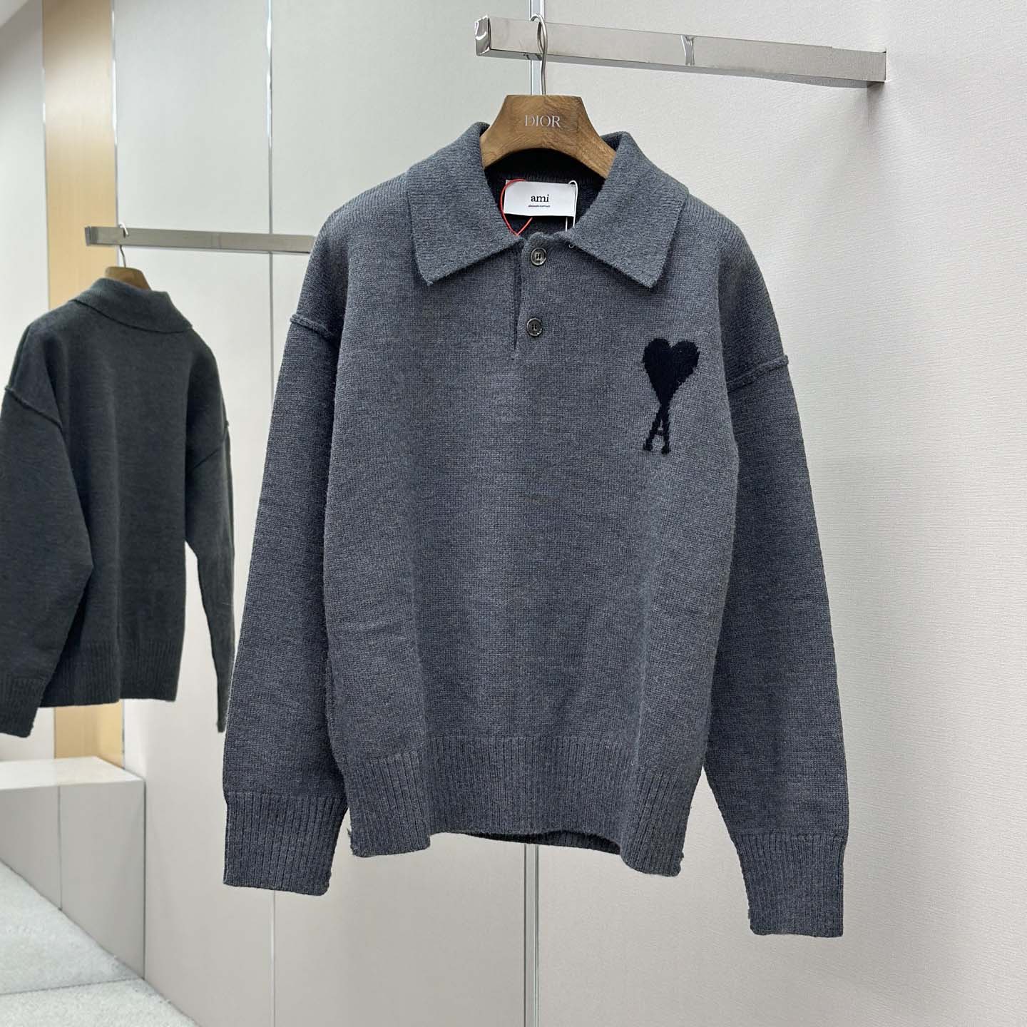 AMI Paris Grey Wool Ami De Coeur Polo AMI Paris Grey Wool Ami De Coeur Polo - DesignerGu