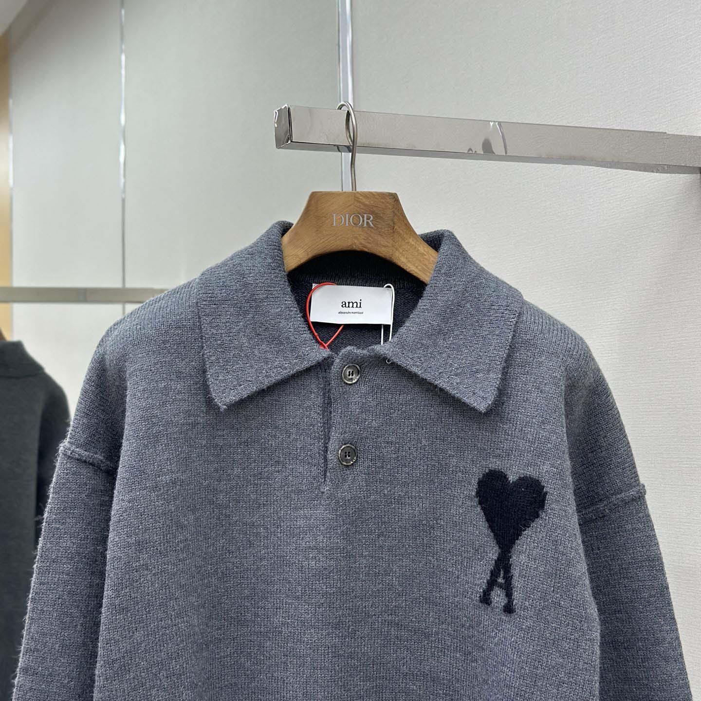 AMI Paris Grey Wool Ami De Coeur Polo - DesignerGu