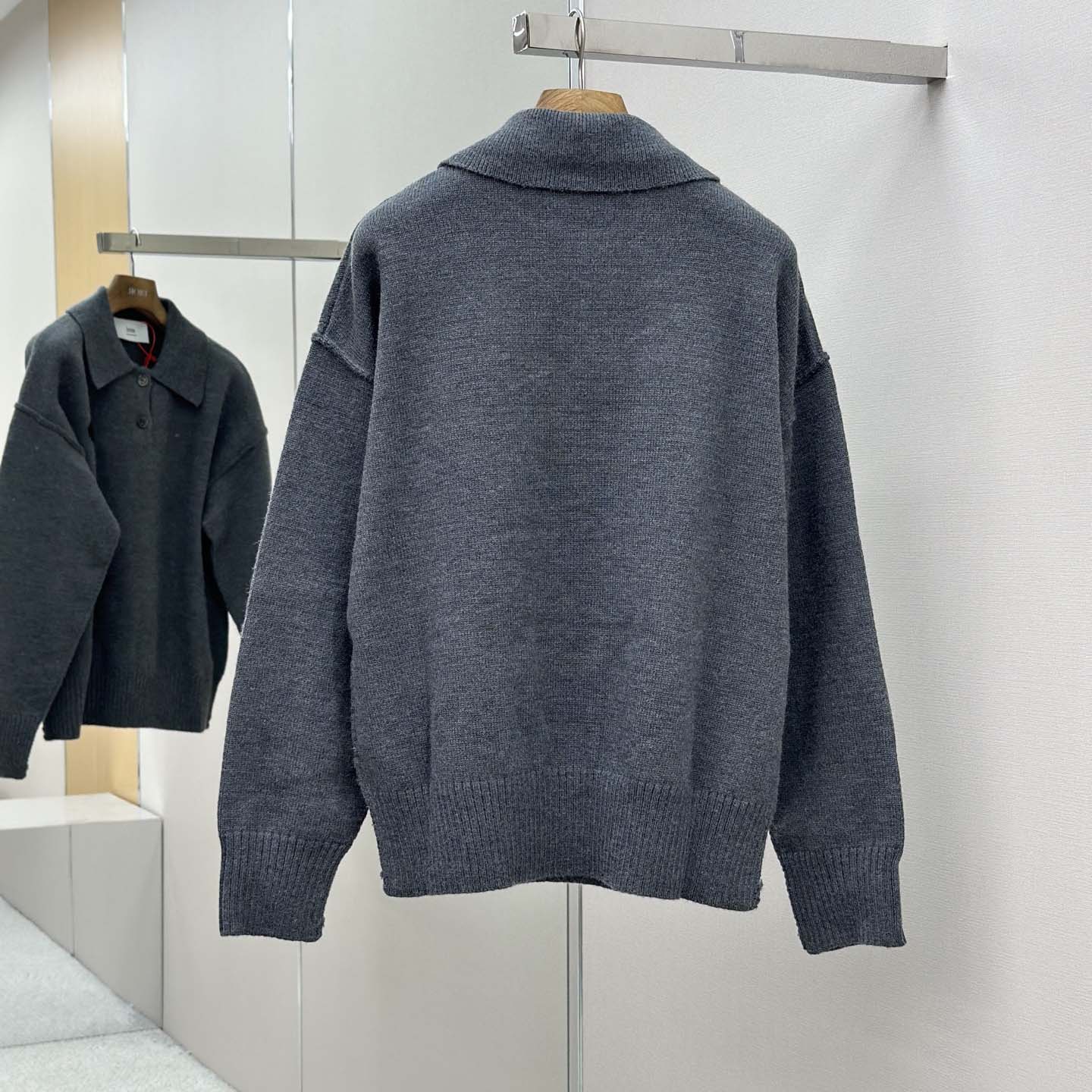 AMI Paris Grey Wool Ami De Coeur Polo - DesignerGu