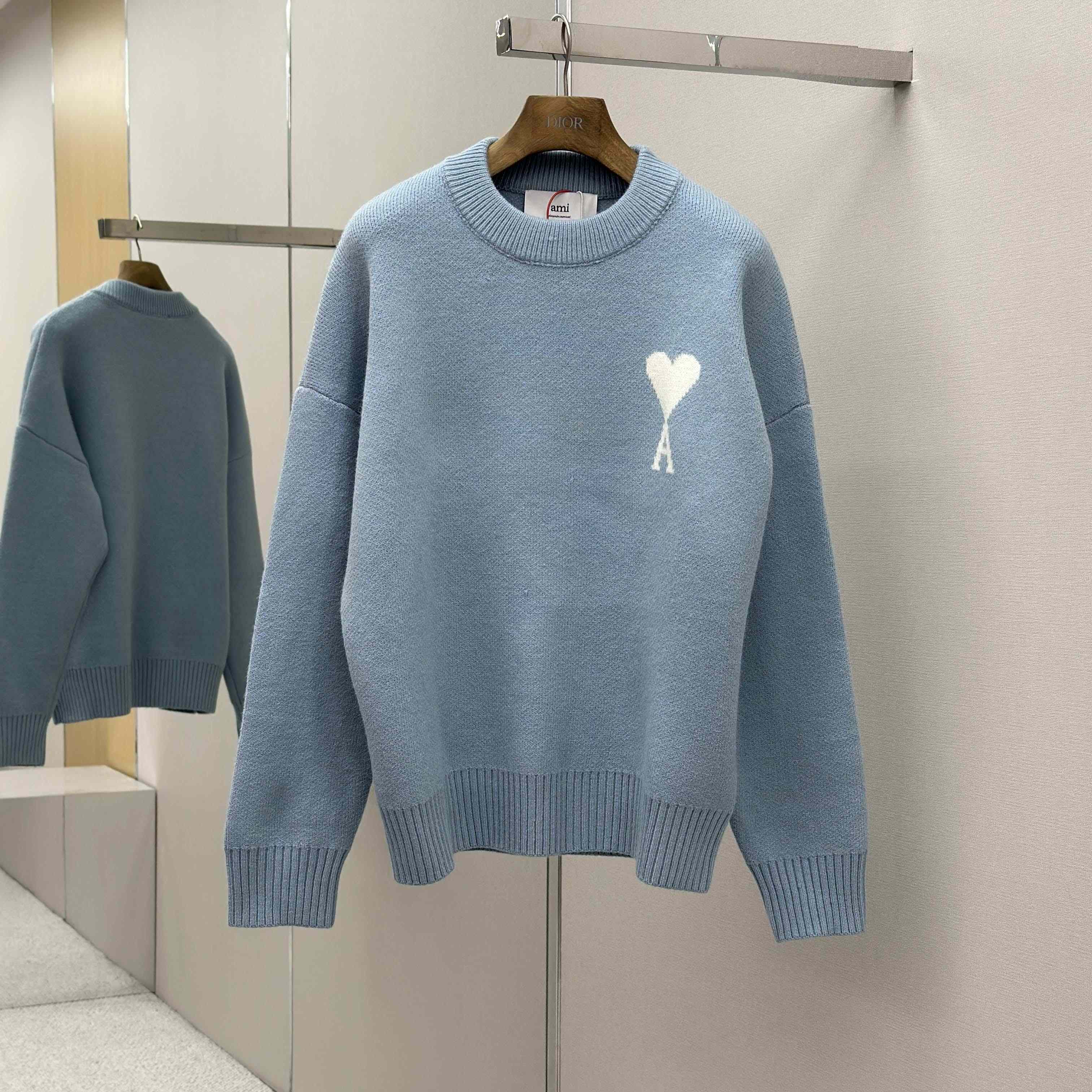 AMI Paris Blue Alpaca Ami De Coeur Crewneck Sweater  - DesignerGu