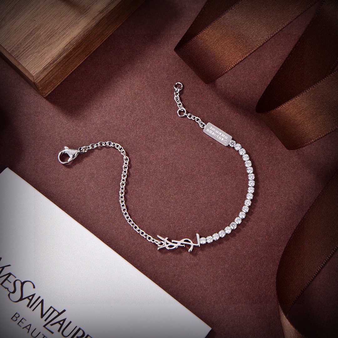 Saint Laurent Cassandre Charm Bracelet In Metal And Rhinestone - DesignerGu