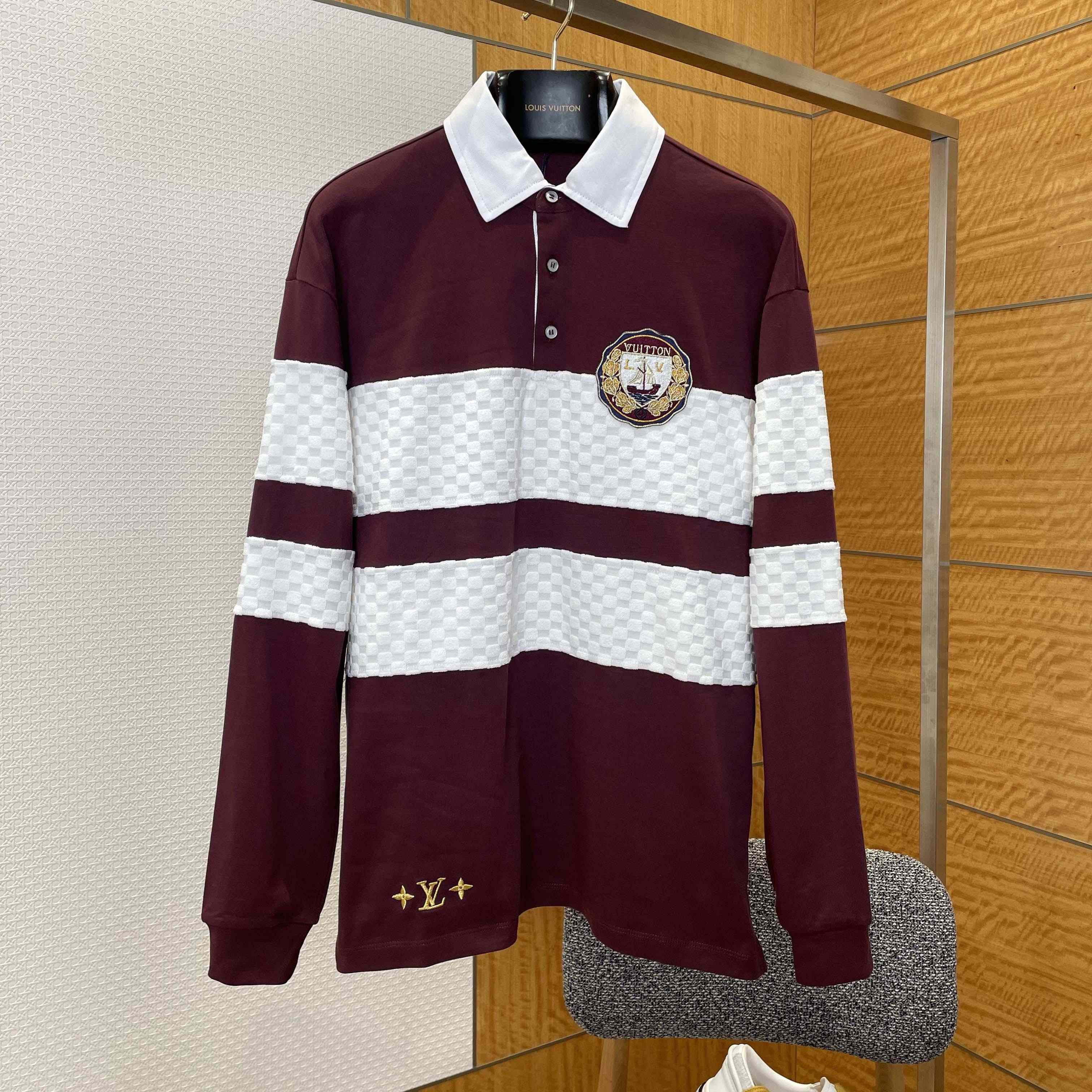 Louis Vuitton Damier Striped Long-Sleeved Polo Shirt   1AIKBY Louis Vuitton Damier Striped Long-Sleeved Polo Shirt   1AIKBY - DesignerGu