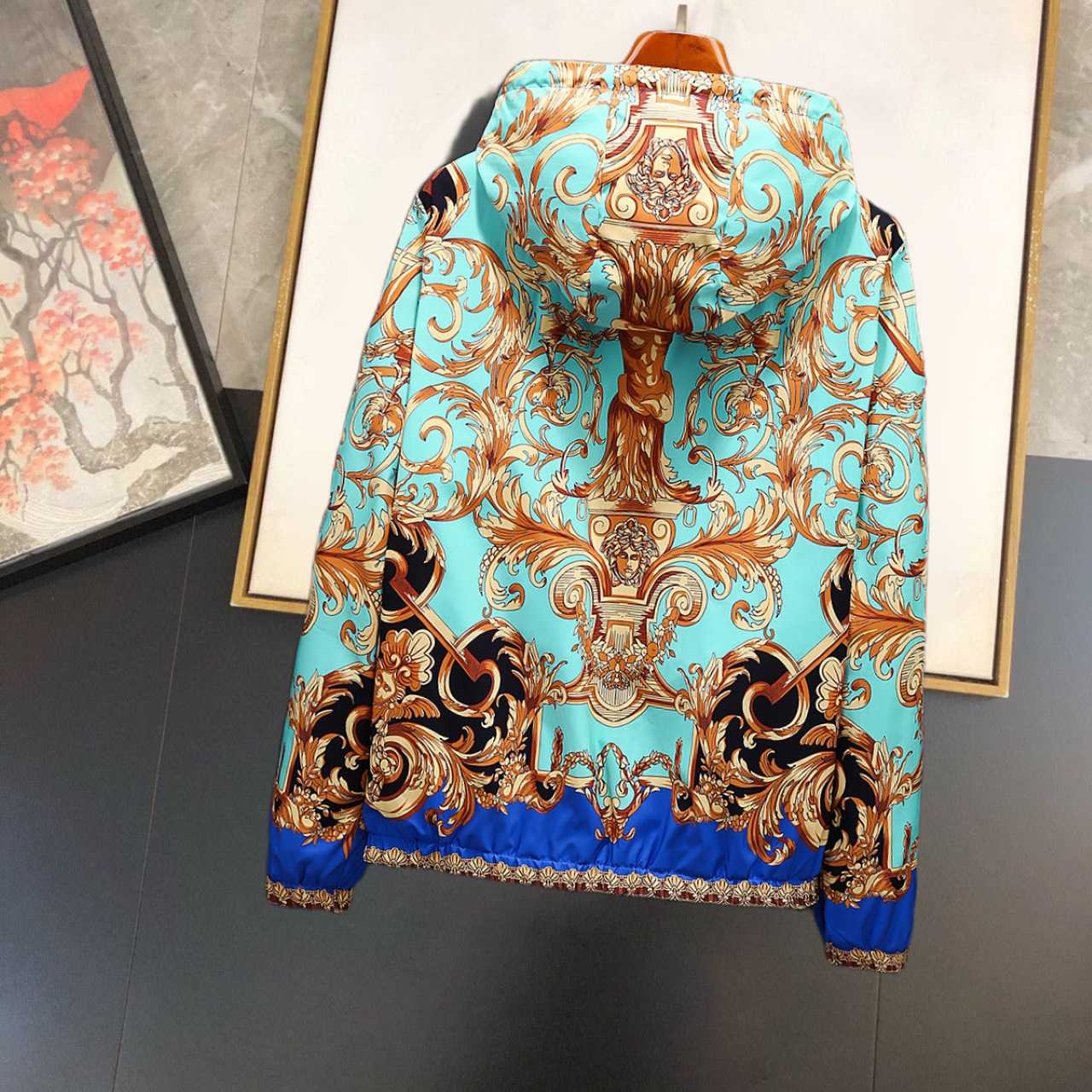 Versace Eros Baroque Printed Blue Golden Zip Up Bomber Jacket - DesignerGu