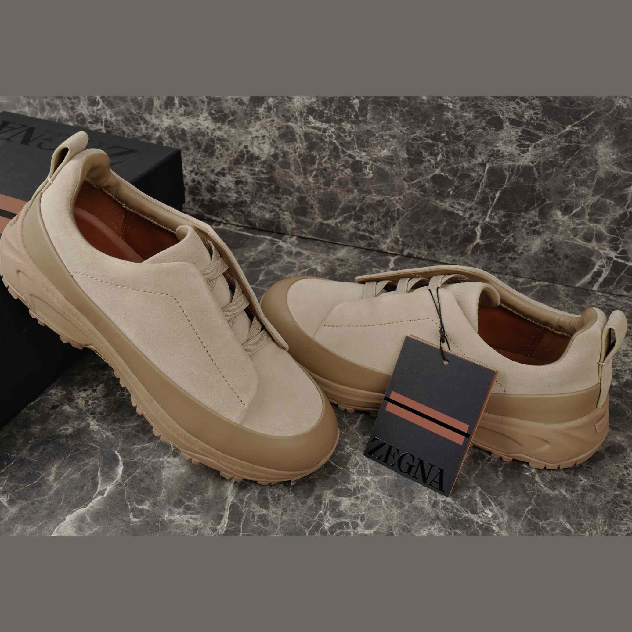 Zegna Light Taupe Leather and Suede Triple Stitch™ Monte Sneakers - DesignerGu