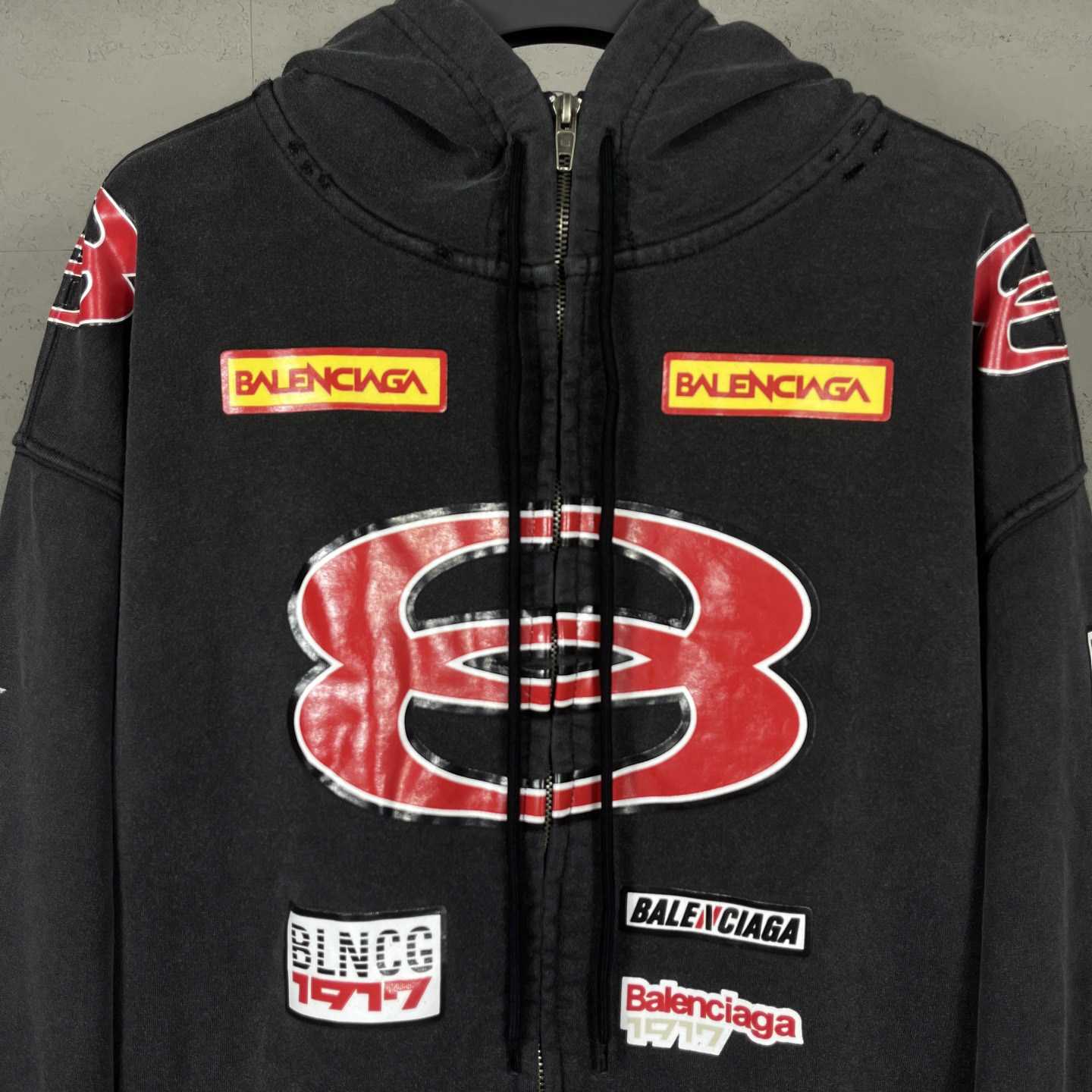Balenciaga Sponsor Logos Large Zip-Up Hoodie In Faded Washed Black - DesignerGu