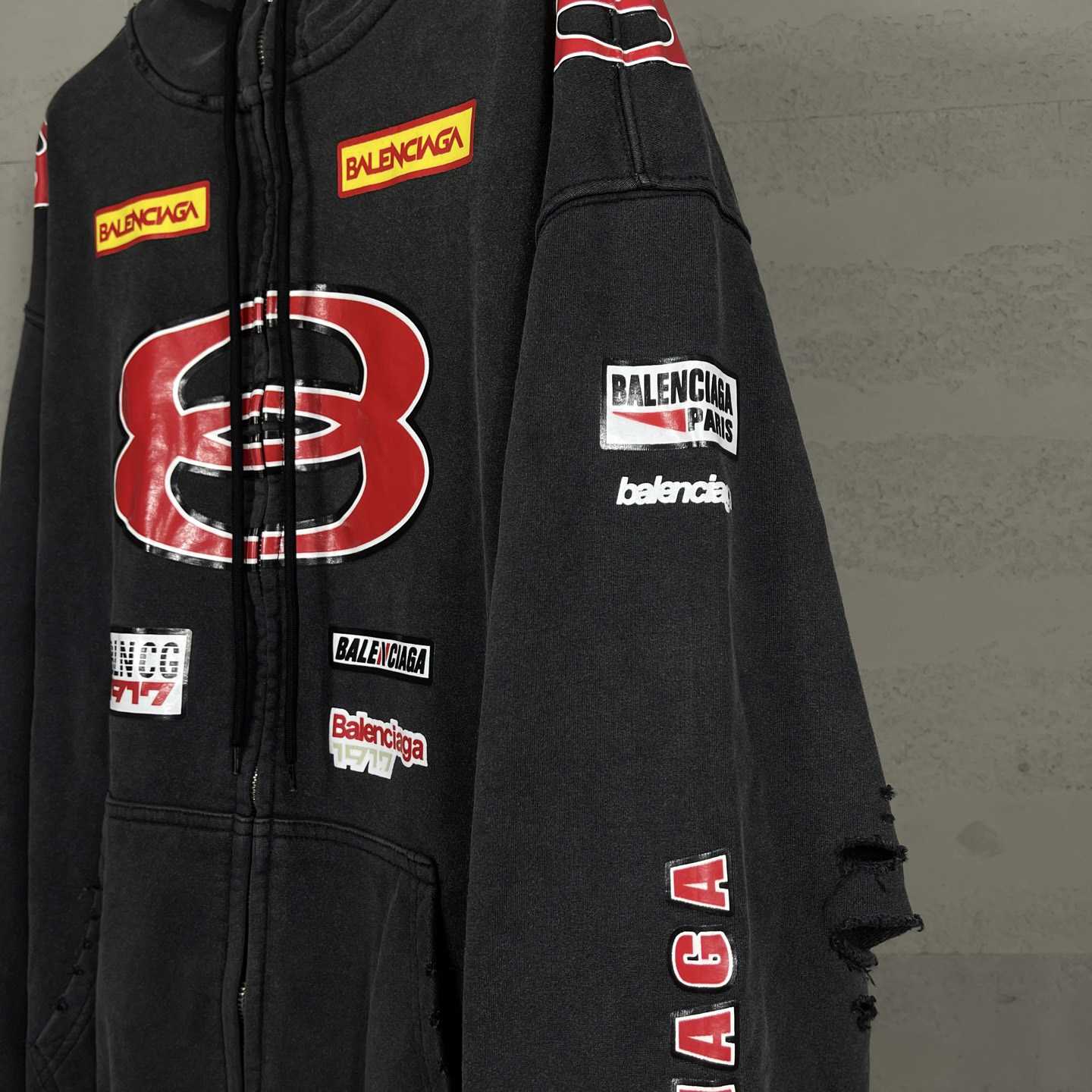 Balenciaga Sponsor Logos Large Zip-Up Hoodie In Faded Washed Black - DesignerGu