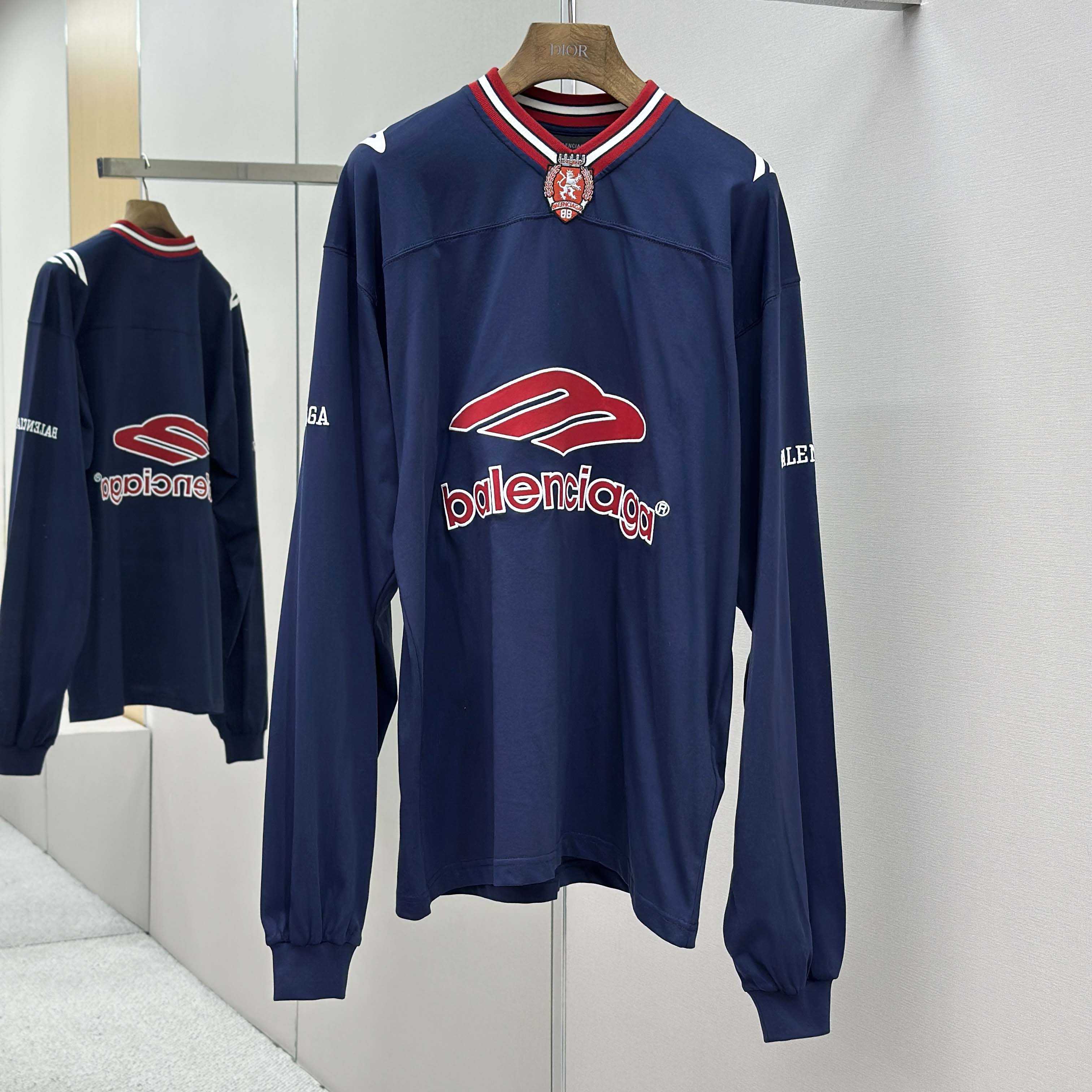 Balenciaga 3B Football Long Sleeve V-Neck T-Shirt In Dark Navy  - DesignerGu