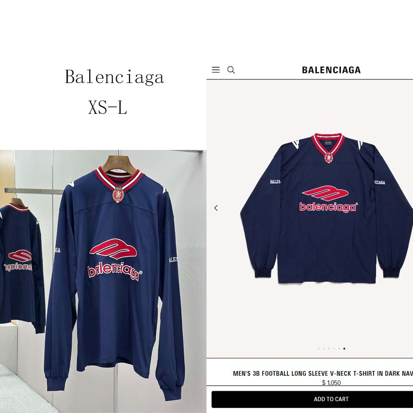 Balenciaga 3B Football Long Sleeve V-Neck T-Shirt In Dark Navy  - DesignerGu