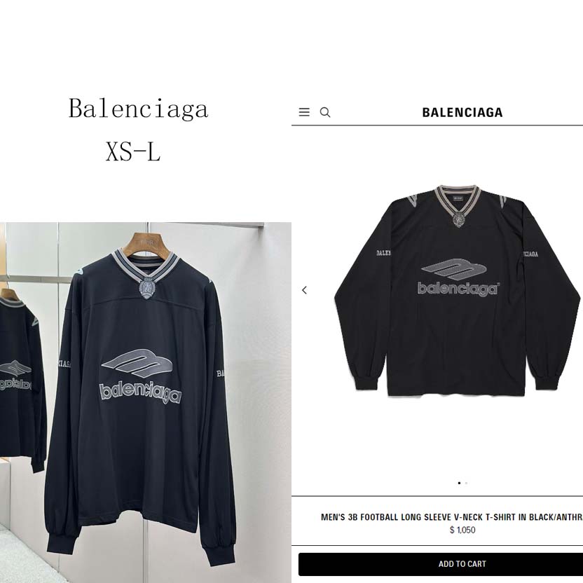 Balenciaga 3B Football Long Sleeve V-Neck T-Shirt In Black - DesignerGu