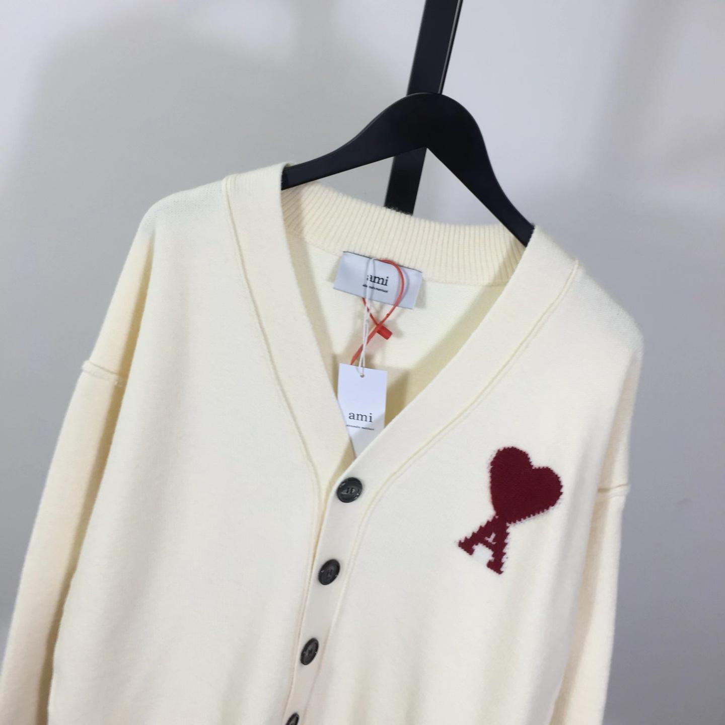 AMI Paris White Wool Ami De Coeur Cardigan  - DesignerGu