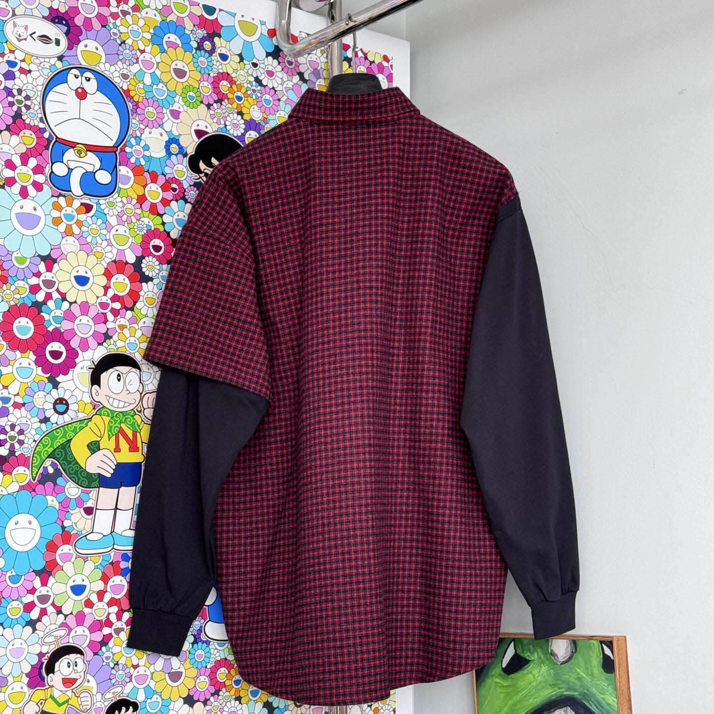 Balenciaga Patched Shirt In Red Check Flannel And Black Dry Jersey - DesignerGu