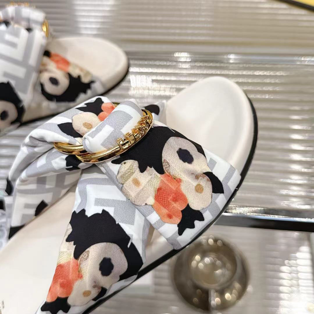Fendi White FF Jacquard Satin Slides - DesignerGu
