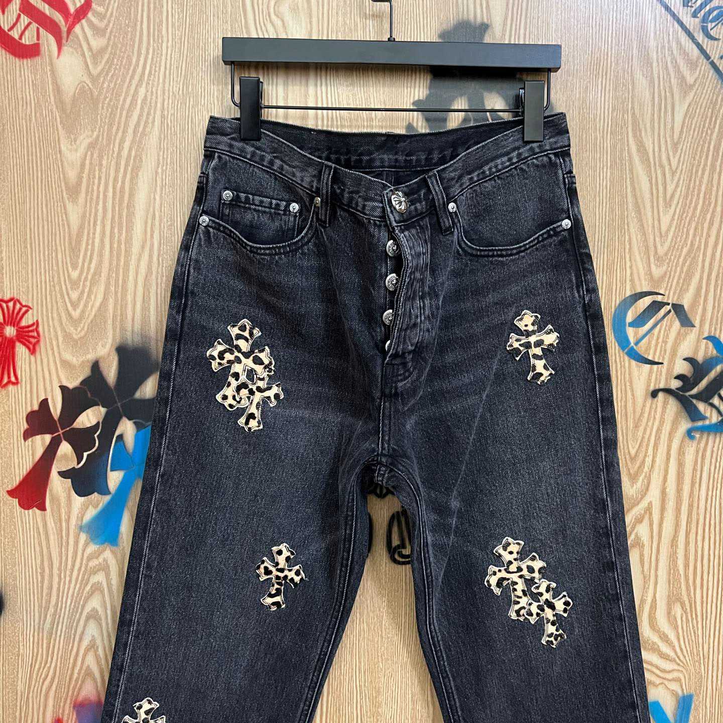 Chrome Hearts Levi's  Leopard Cross Patch Black Jeans - DesignerGu