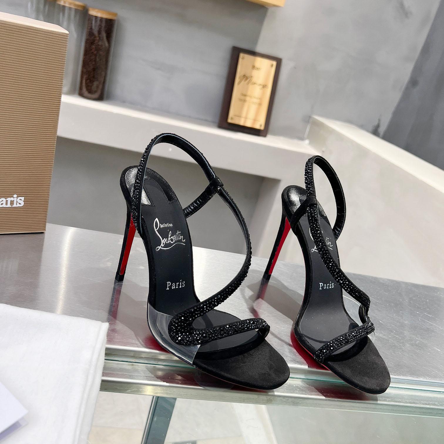 Christian Louboutin Black Suede Crystal Embellished Rosalie Sandals - DesignerGu