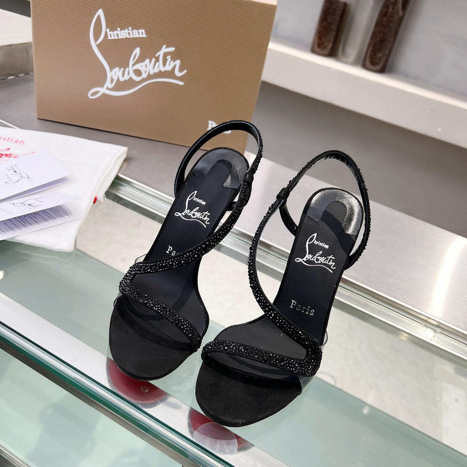 Christian Louboutin Black Suede Crystal Embellished Rosalie Sandals - DesignerGu