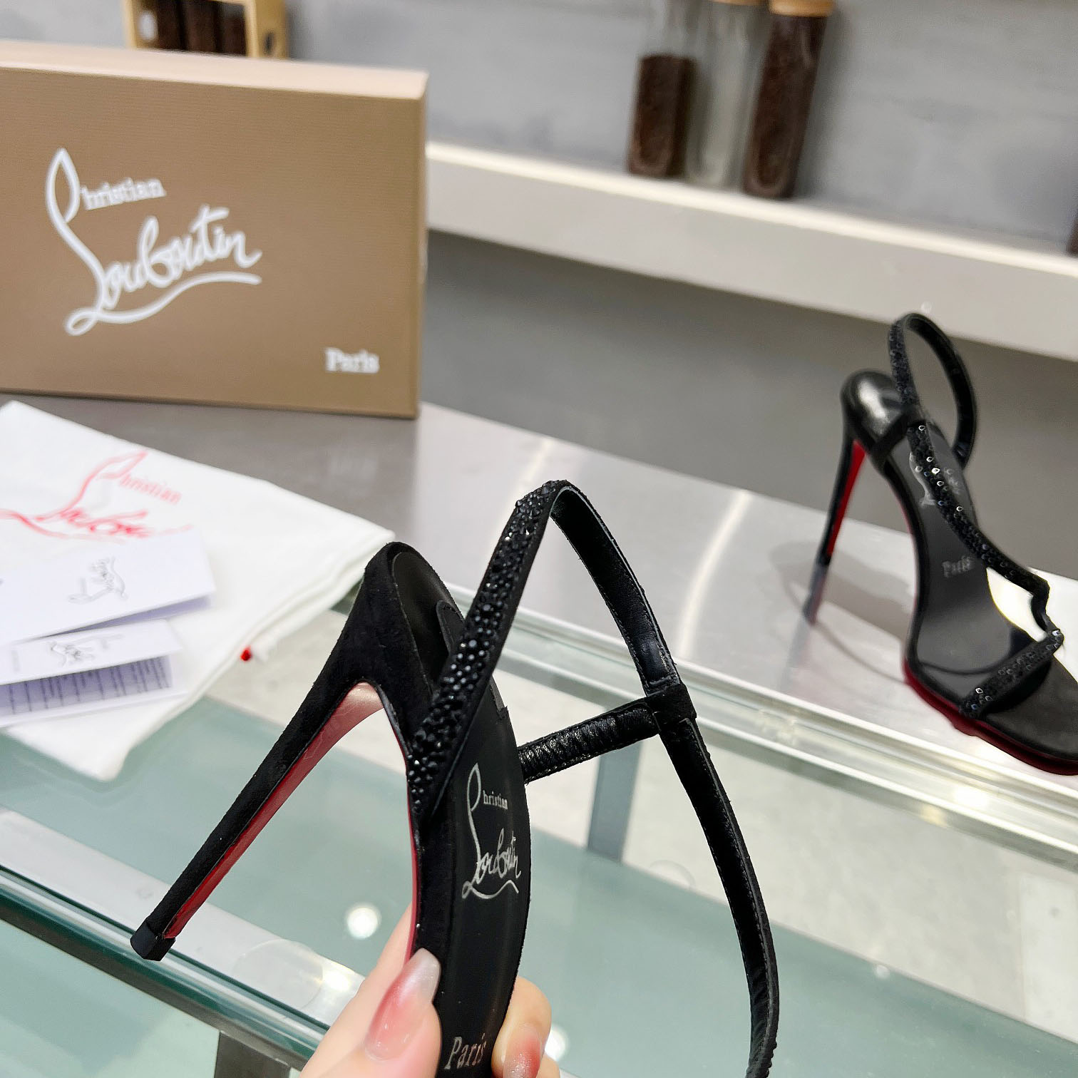 Christian Louboutin Black Suede Crystal Embellished Rosalie Sandals - DesignerGu