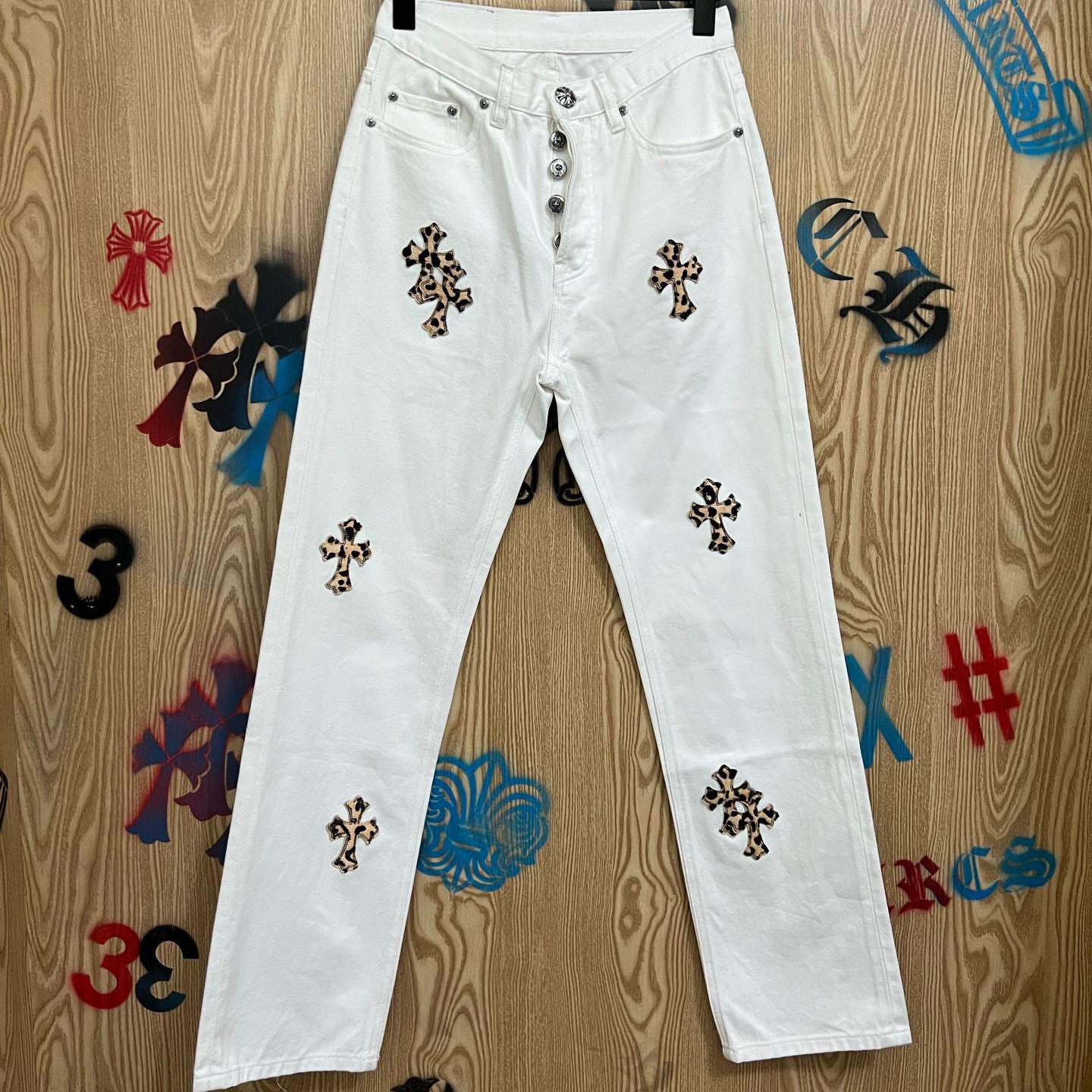 Chrome Hearts Levi's 501 Leopard Cross Patch White Jeans - DesignerGu