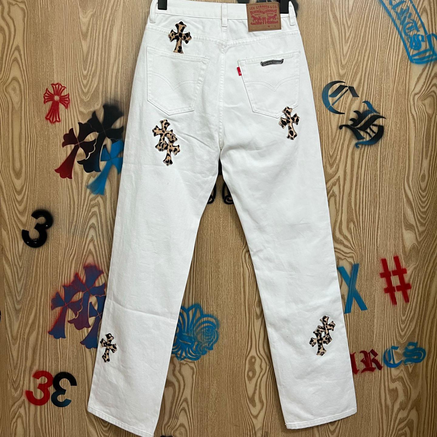 Chrome Hearts Levi's 501 Leopard Cross Patch White Jeans - DesignerGu
