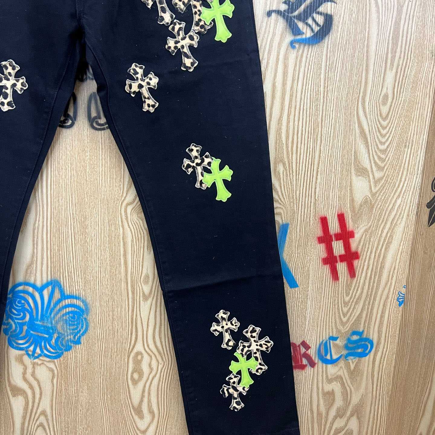 Chrome Hearts Cheetah & Green Cross Patch Jeans - DesignerGu