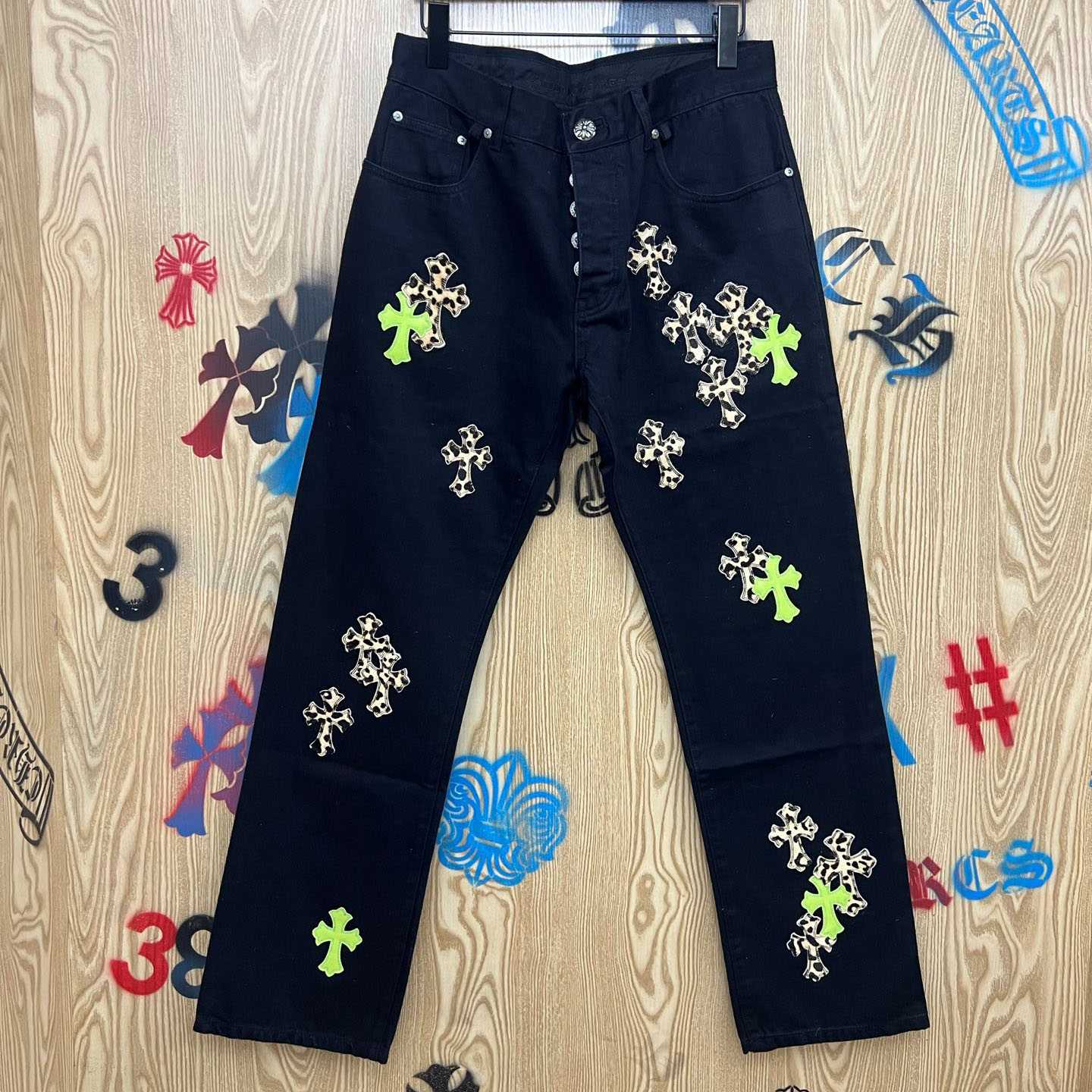 Chrome Hearts Cheetah & Green Cross Patch Jeans - DesignerGu