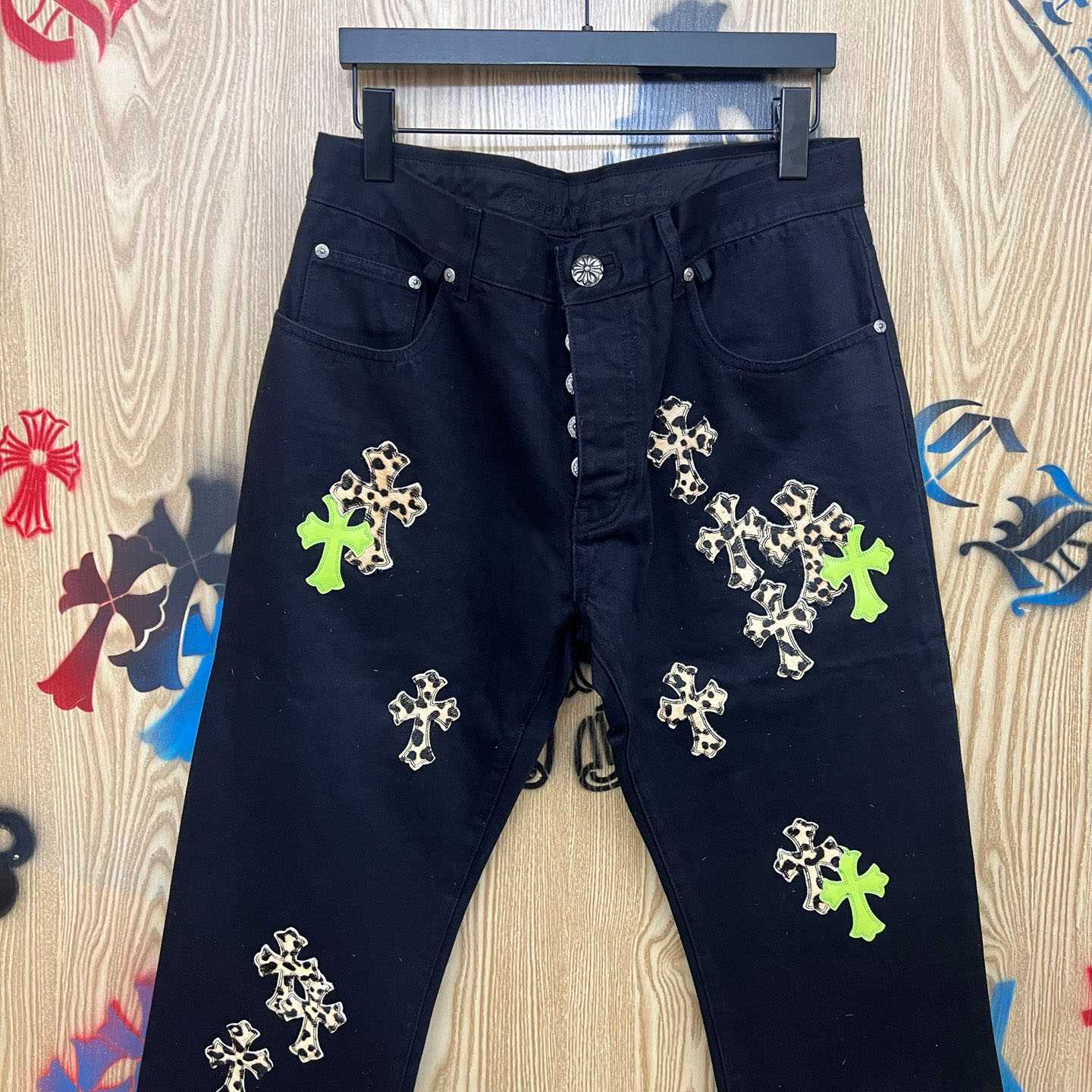 Chrome Hearts Cheetah & Green Cross Patch Jeans - DesignerGu