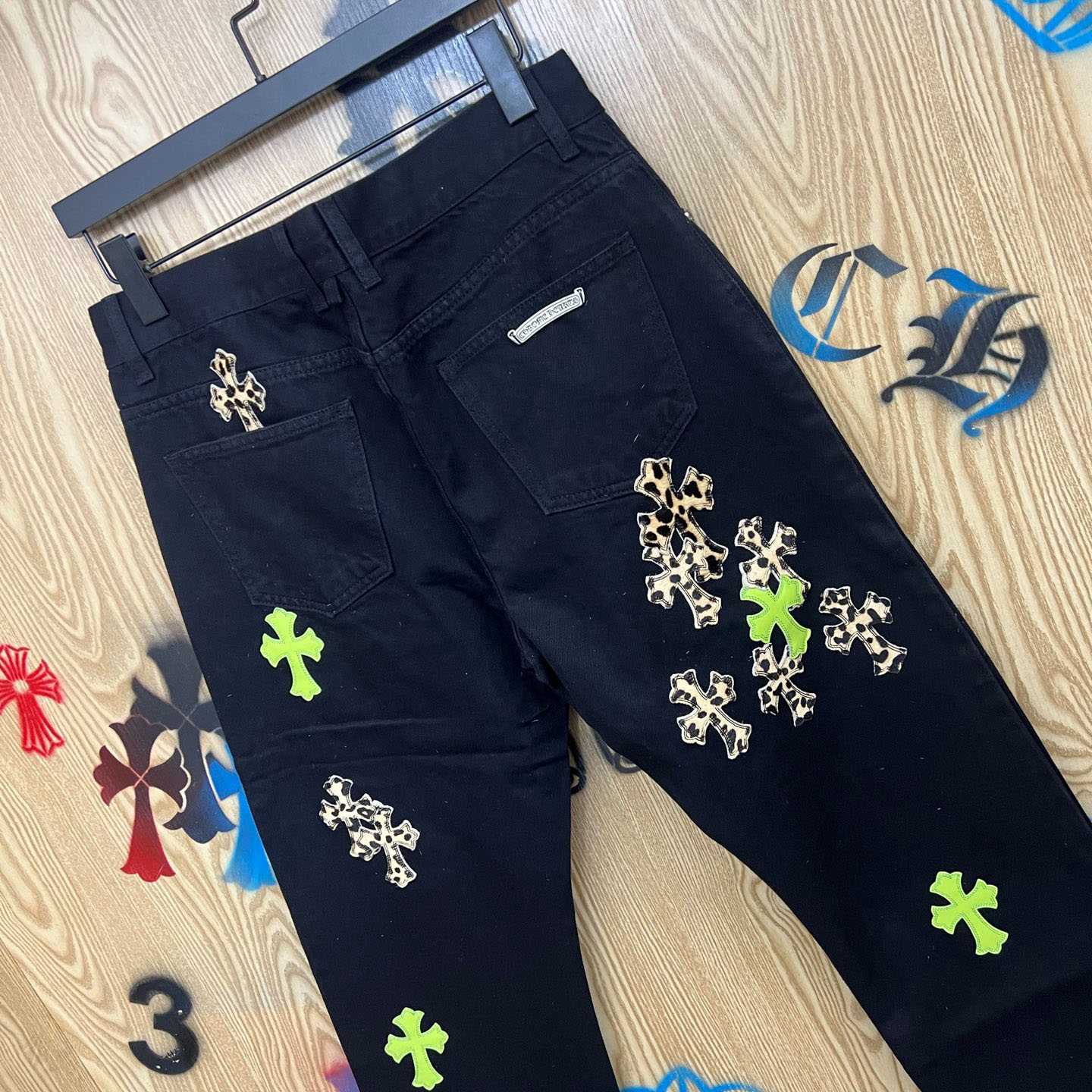 Chrome Hearts Cheetah & Green Cross Patch Jeans - DesignerGu
